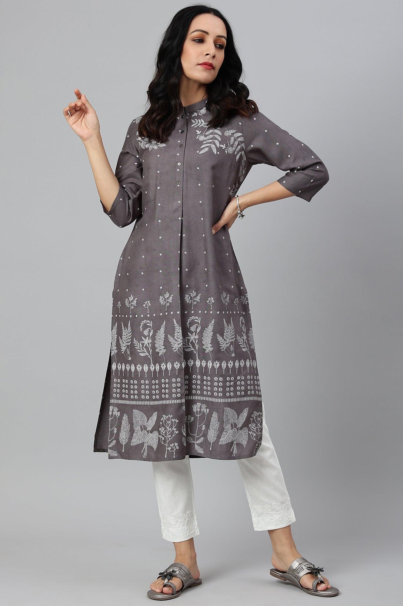 Tornado Grey Printed kurta In Half Placket - wforwoman