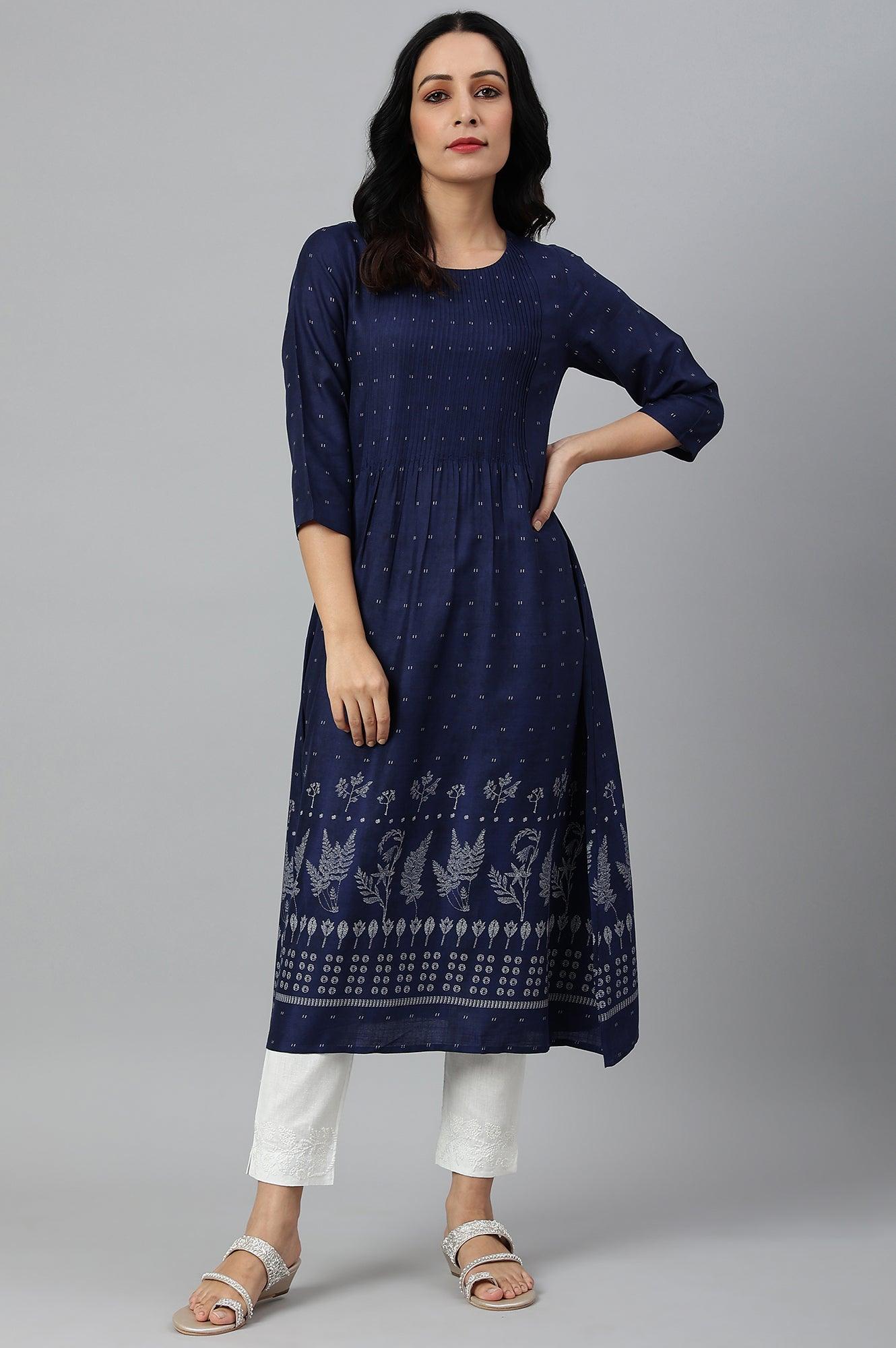 Indo Floral Print A-Line kurta With Pin Tucks - wforwoman