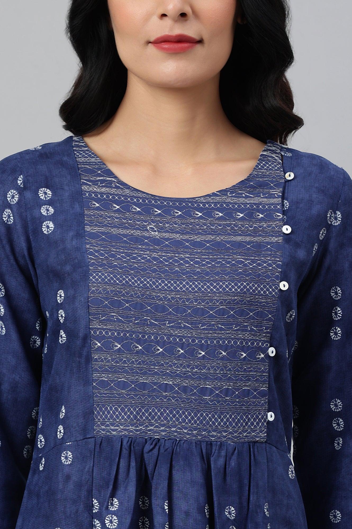Indigo Thread Embroidered Rayon kurta - wforwoman