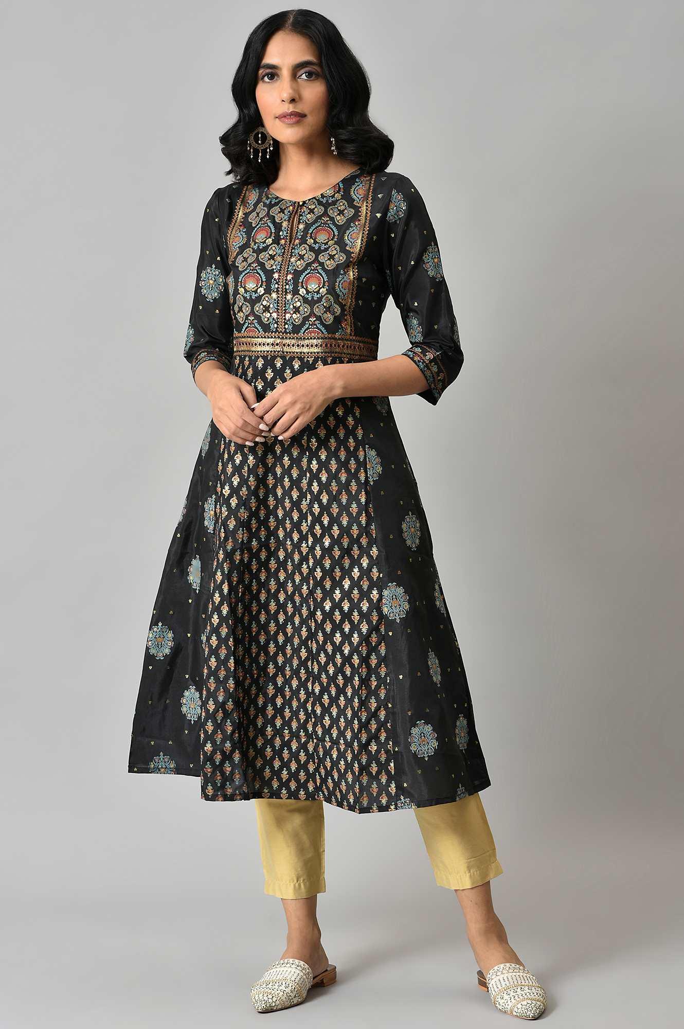 Jet Black Foil Printed Shantung kurta - wforwoman