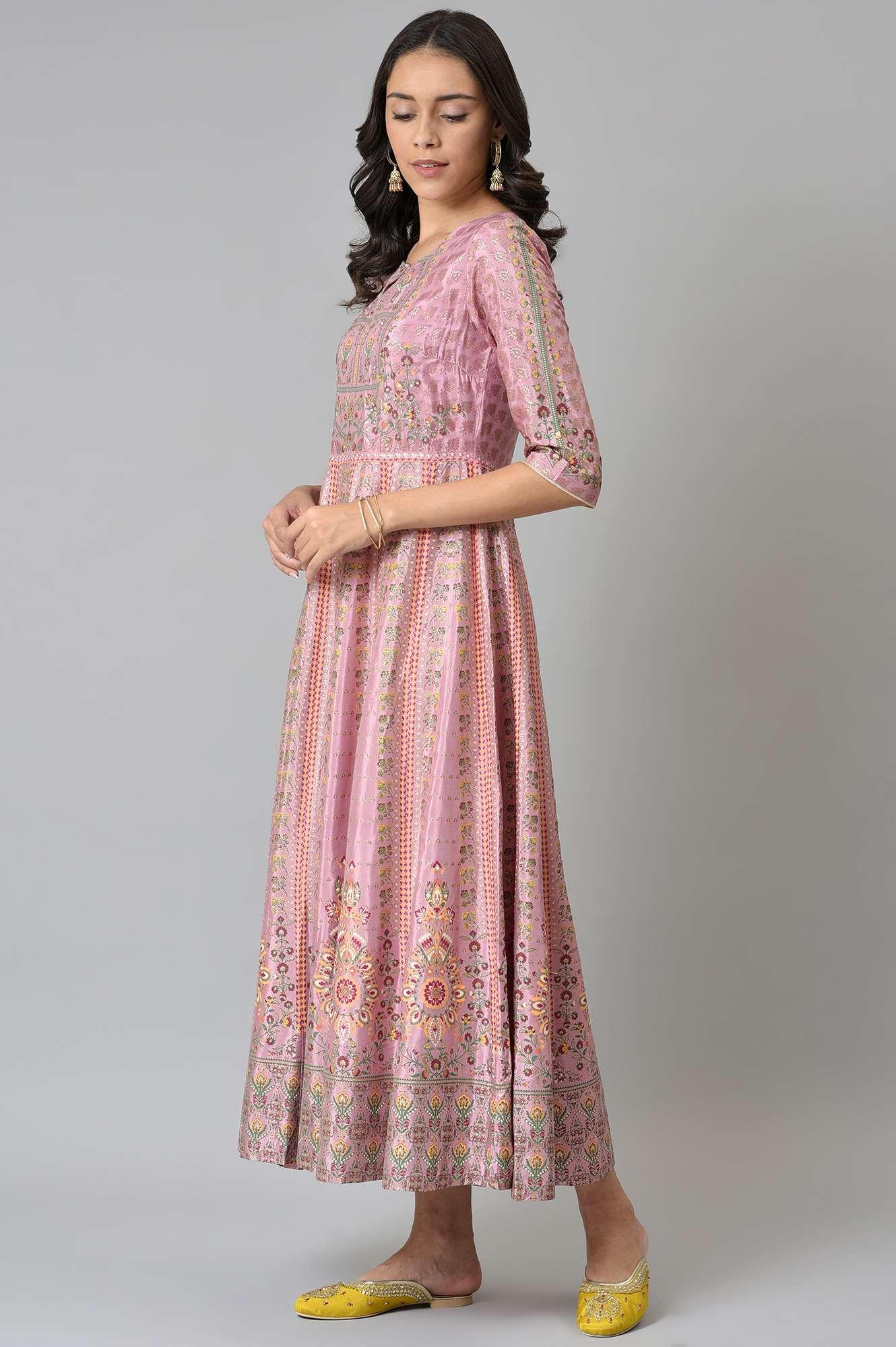 Pink Glitter Printed Kalidar Dress - wforwoman