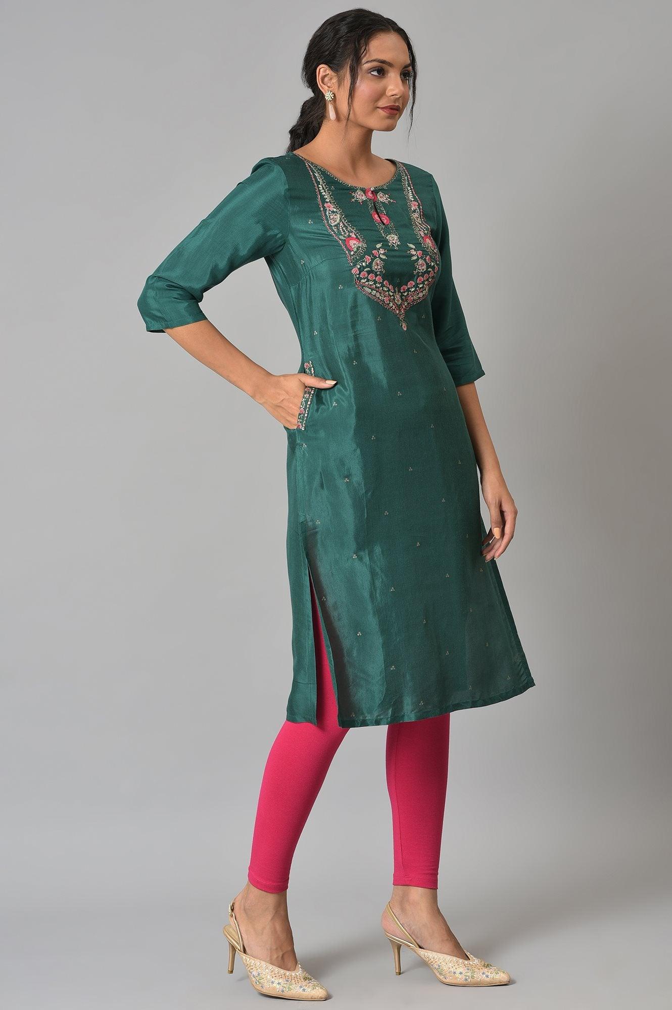 Green Glitter Printed Embroidered kurta - wforwoman