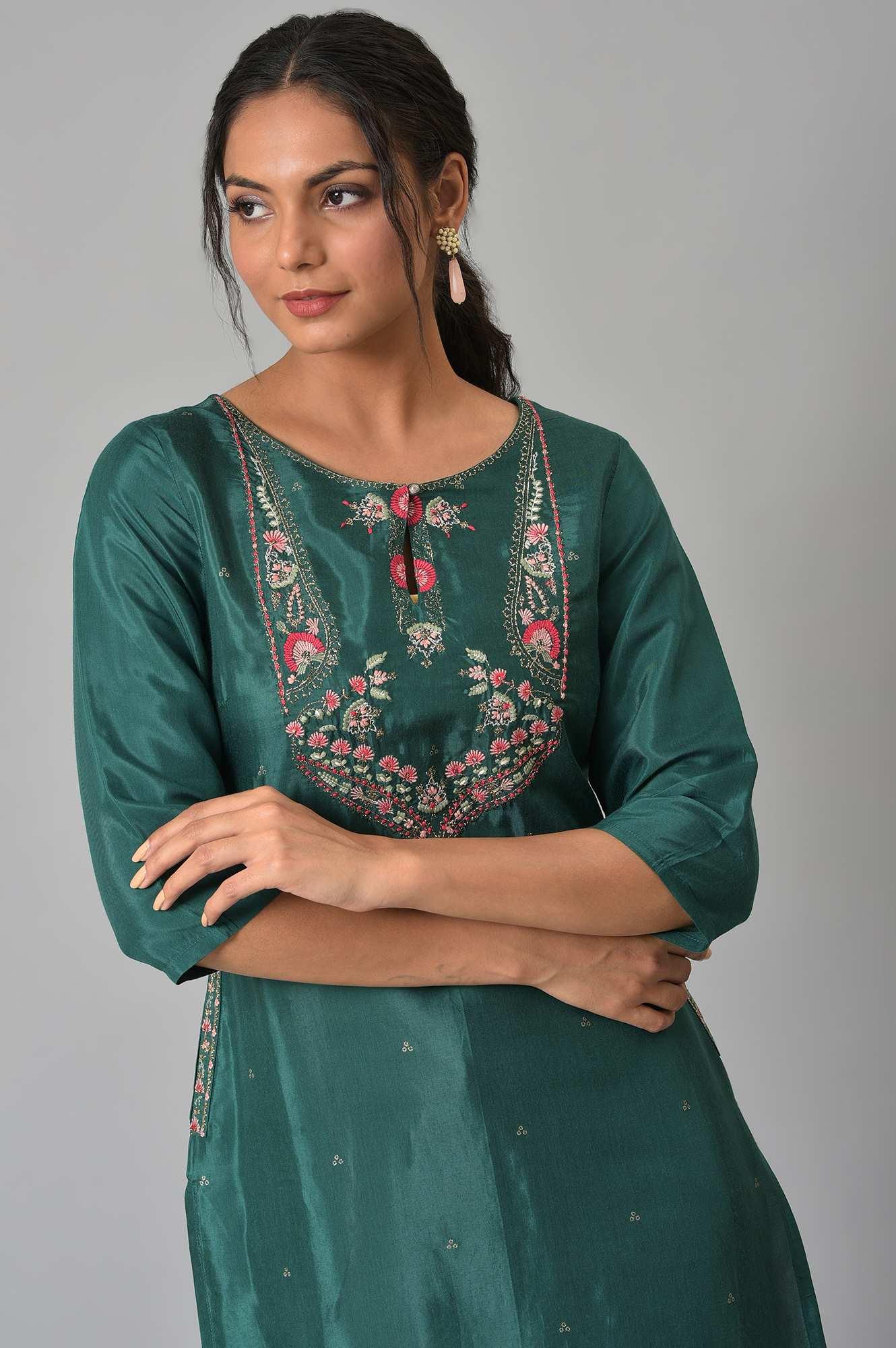 Green Glitter Printed Embroidered kurta - wforwoman