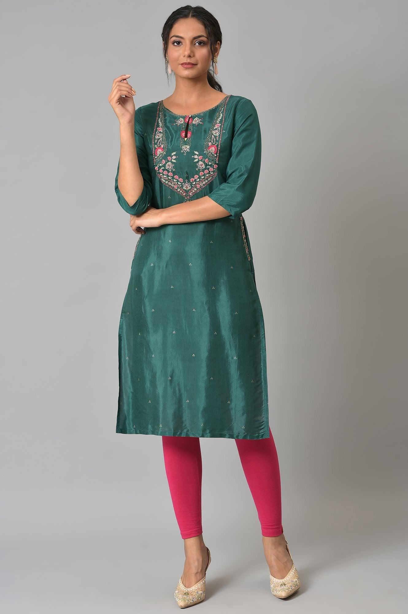 Green Glitter Printed Embroidered kurta - wforwoman
