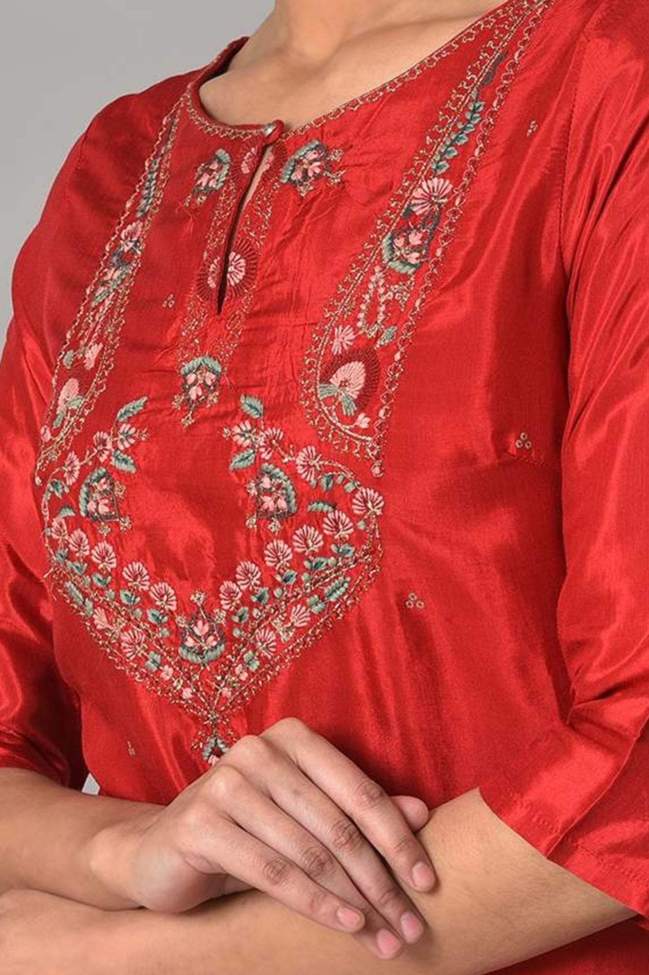 Red Embroidered Shantung kurta