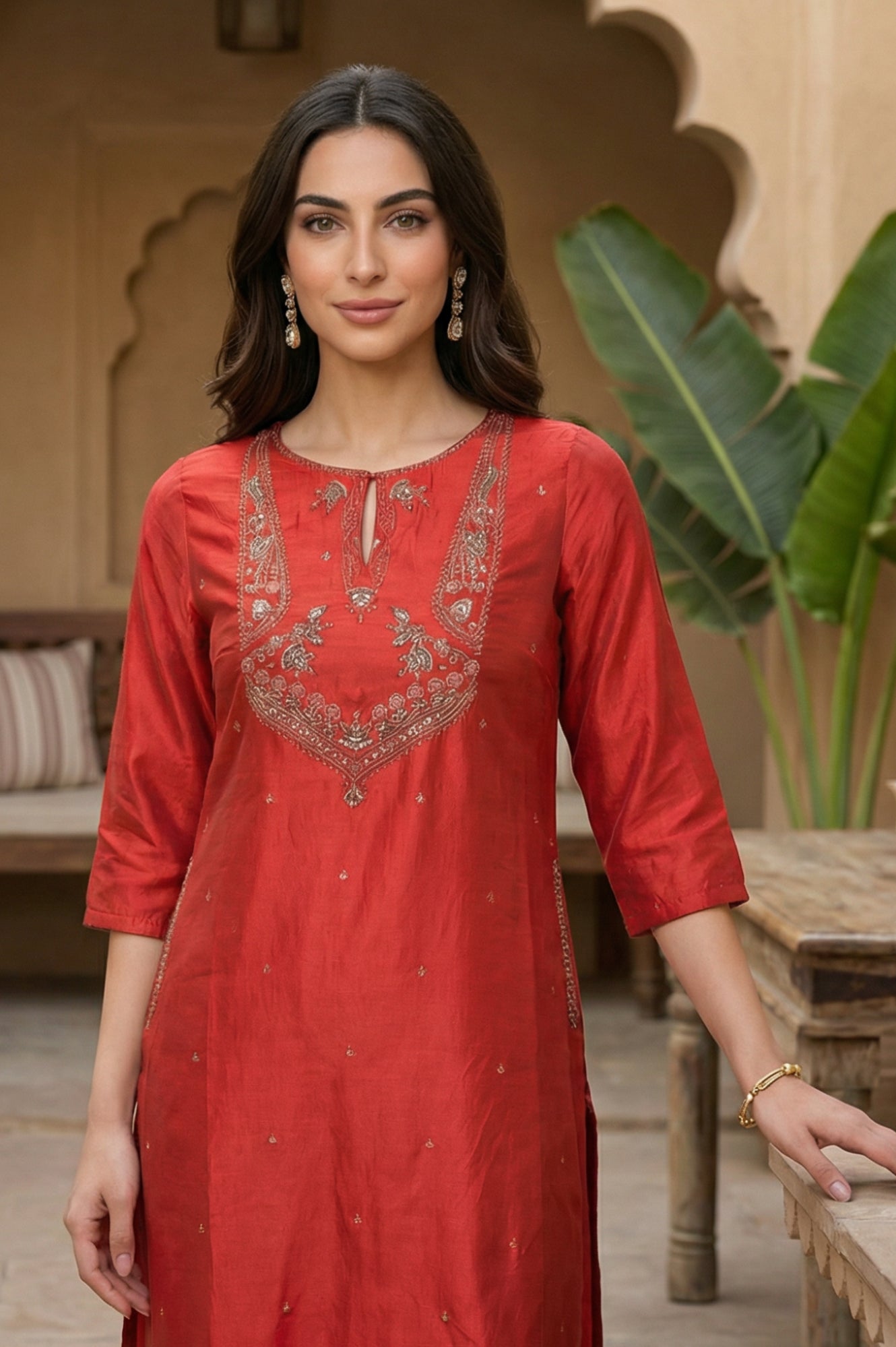 Red Embroidered Shantung kurta