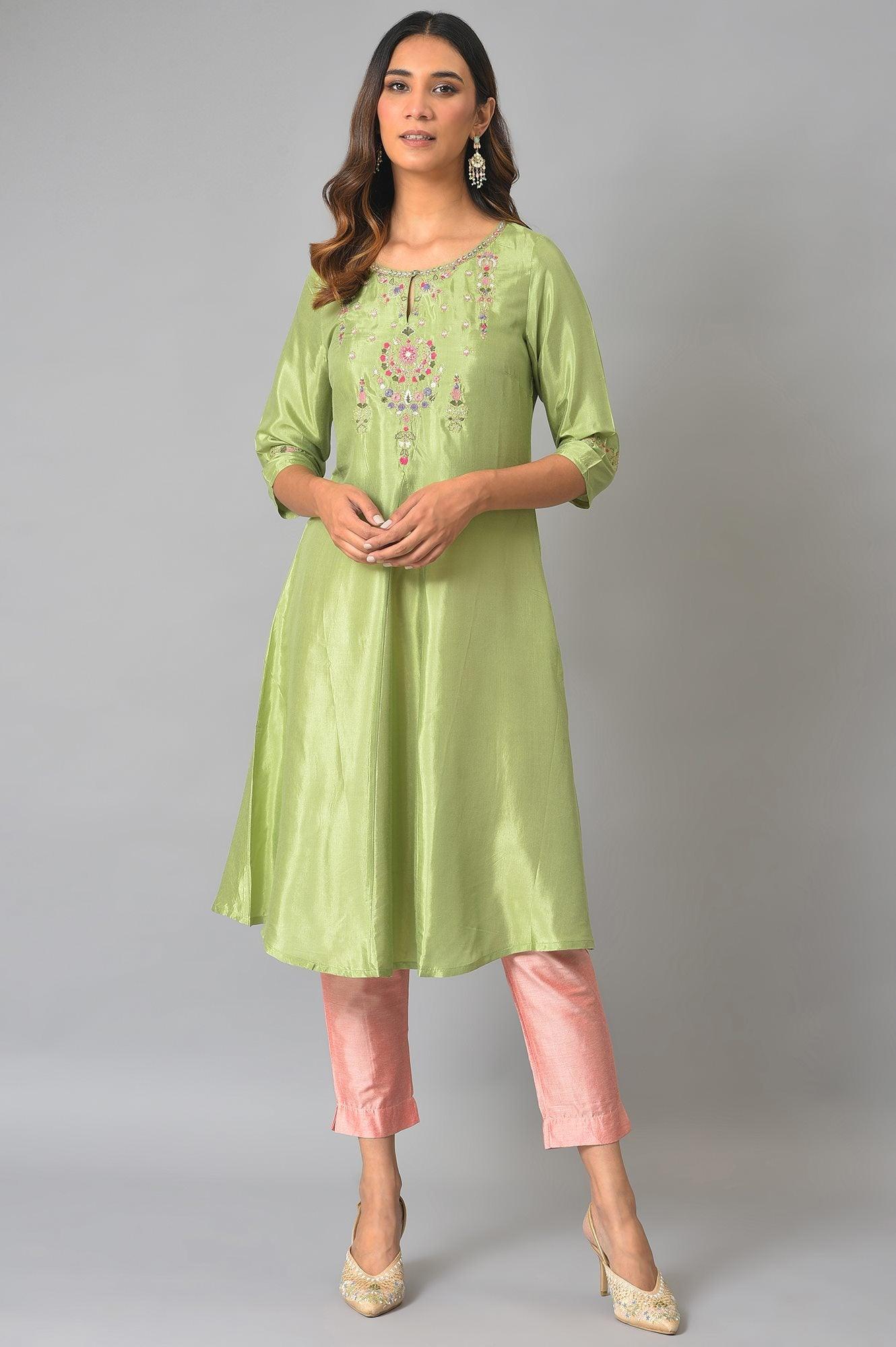 Green A-Line Embroidered Festive kurta - wforwoman