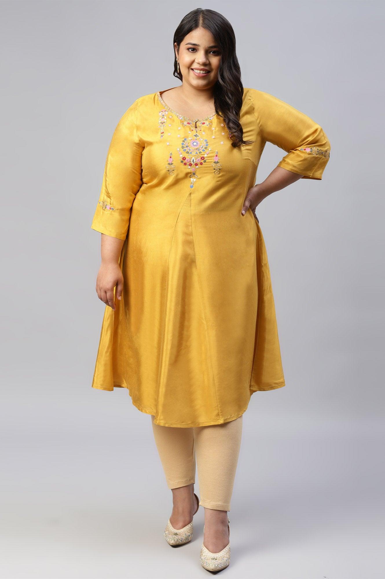 Plus Size Mellow Yellow Embroidered A-Line kurta - wforwoman