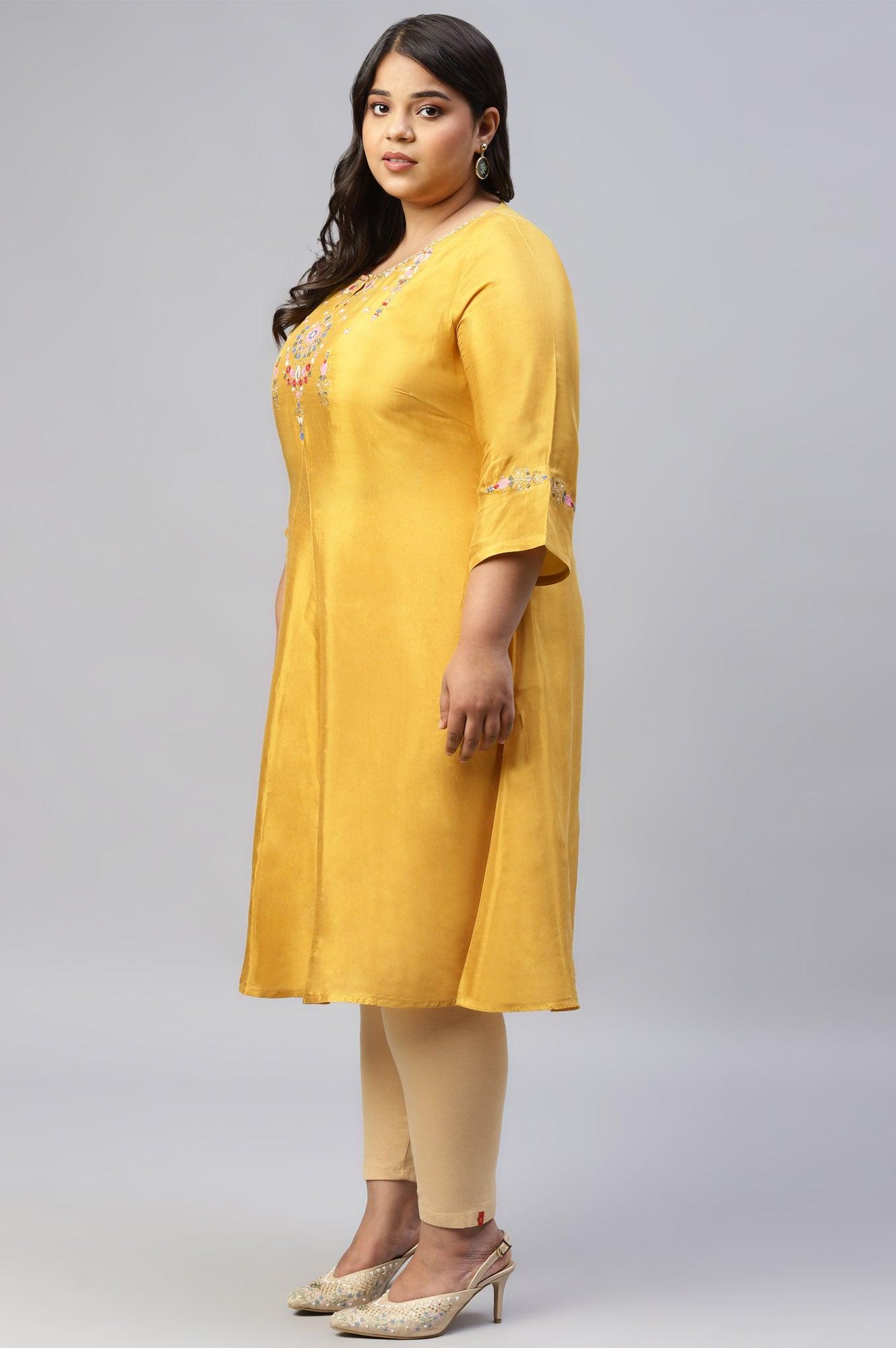 Plus Size Mellow Yellow Embroidered A-Line kurta - wforwoman