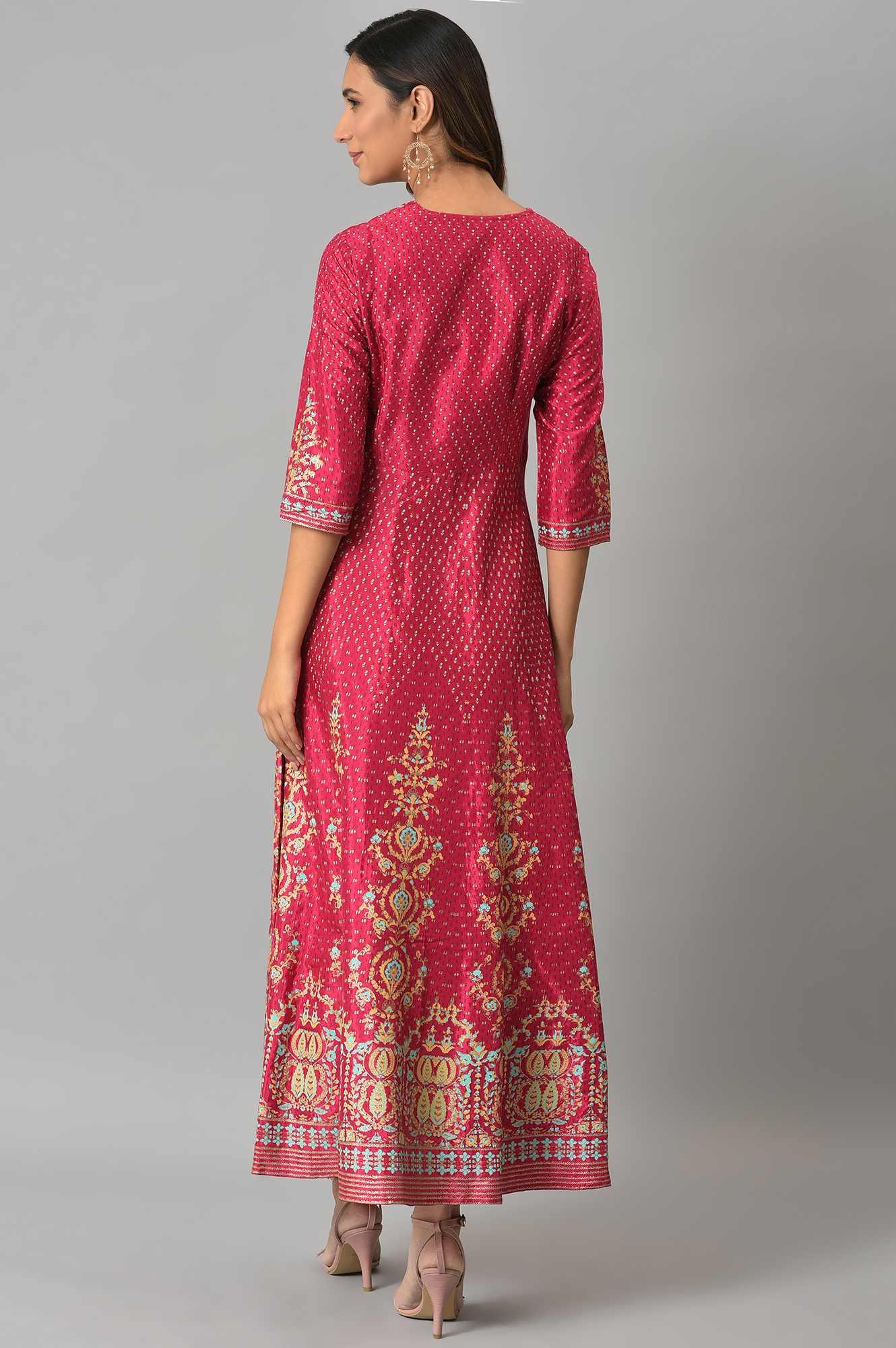 Dark Pink Floral Print Kalidar Dress - wforwoman
