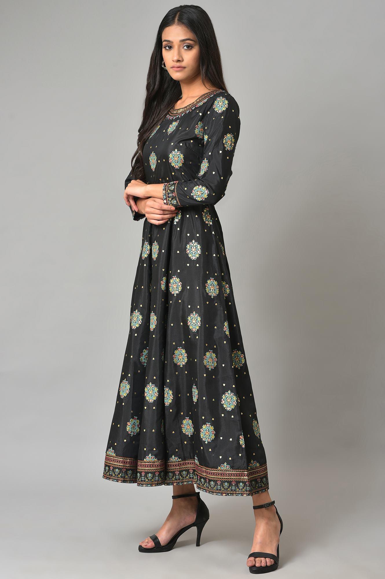 Jet Black Printed Kalidar Embroidered Dress - wforwoman