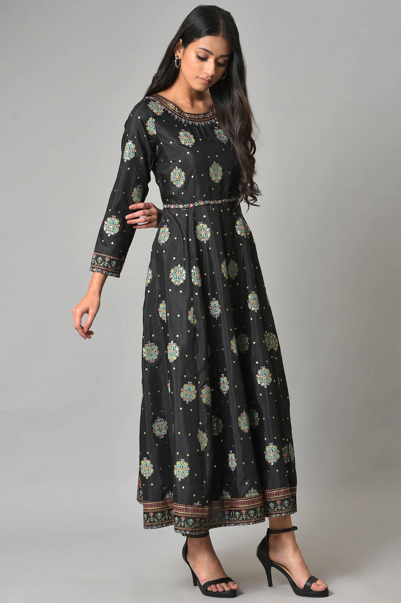 Jet Black Printed Kalidar Embroidered Dress - wforwoman