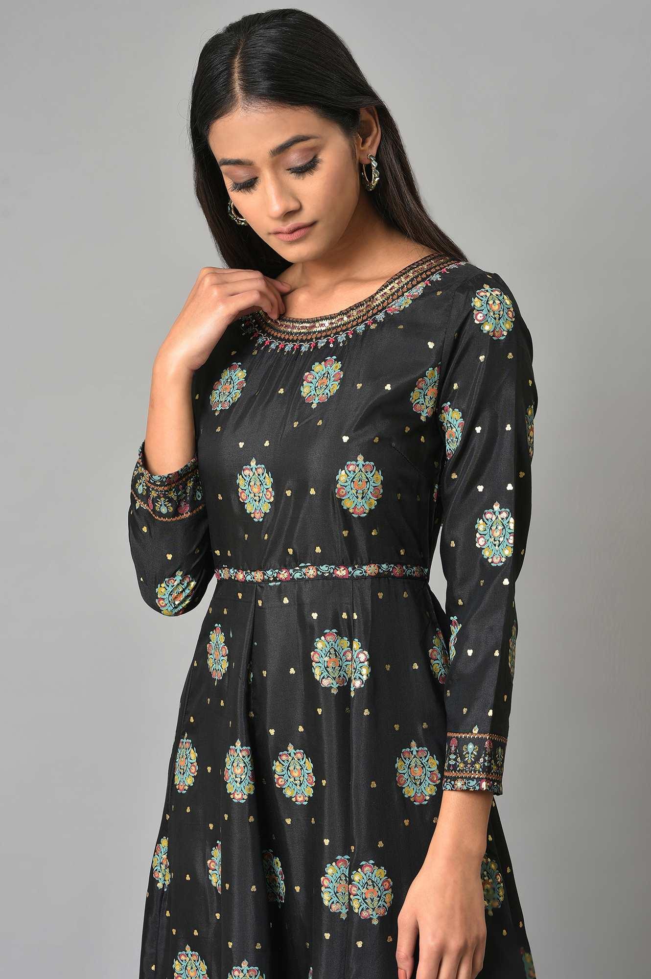 Jet Black Printed Kalidar Embroidered Dress - wforwoman