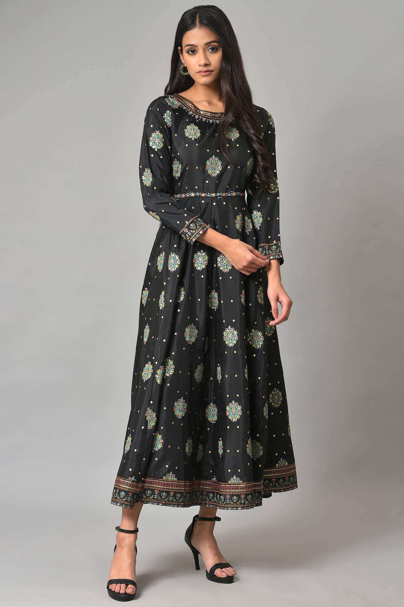 Jet Black Printed Kalidar Embroidered Dress - wforwoman