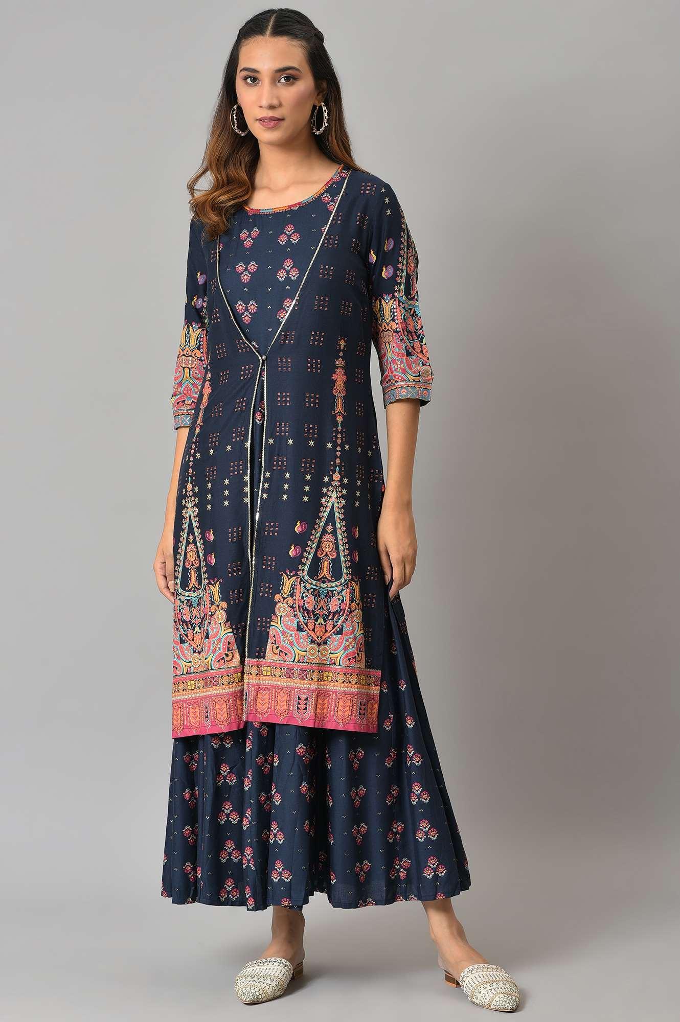 Dark Blue Printed Duo Dress Set - wforwoman