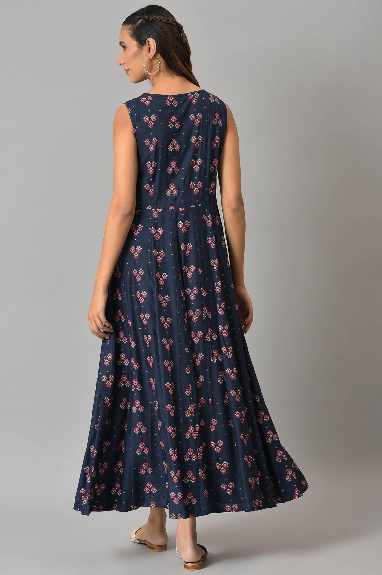 Dark Blue Printed Duo Dress Set - wforwoman