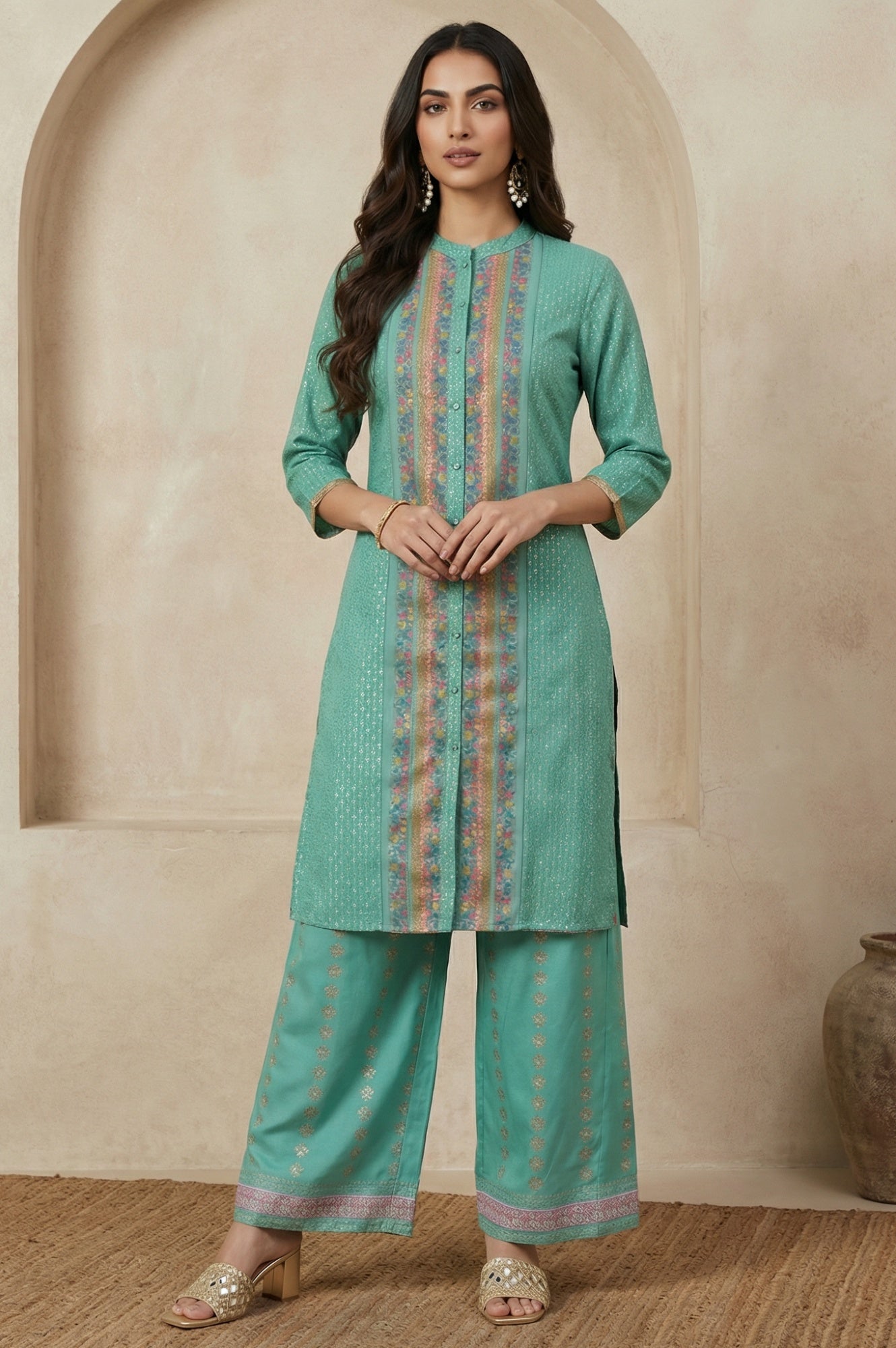 Pop Green Printed Festive Full Placket kurta