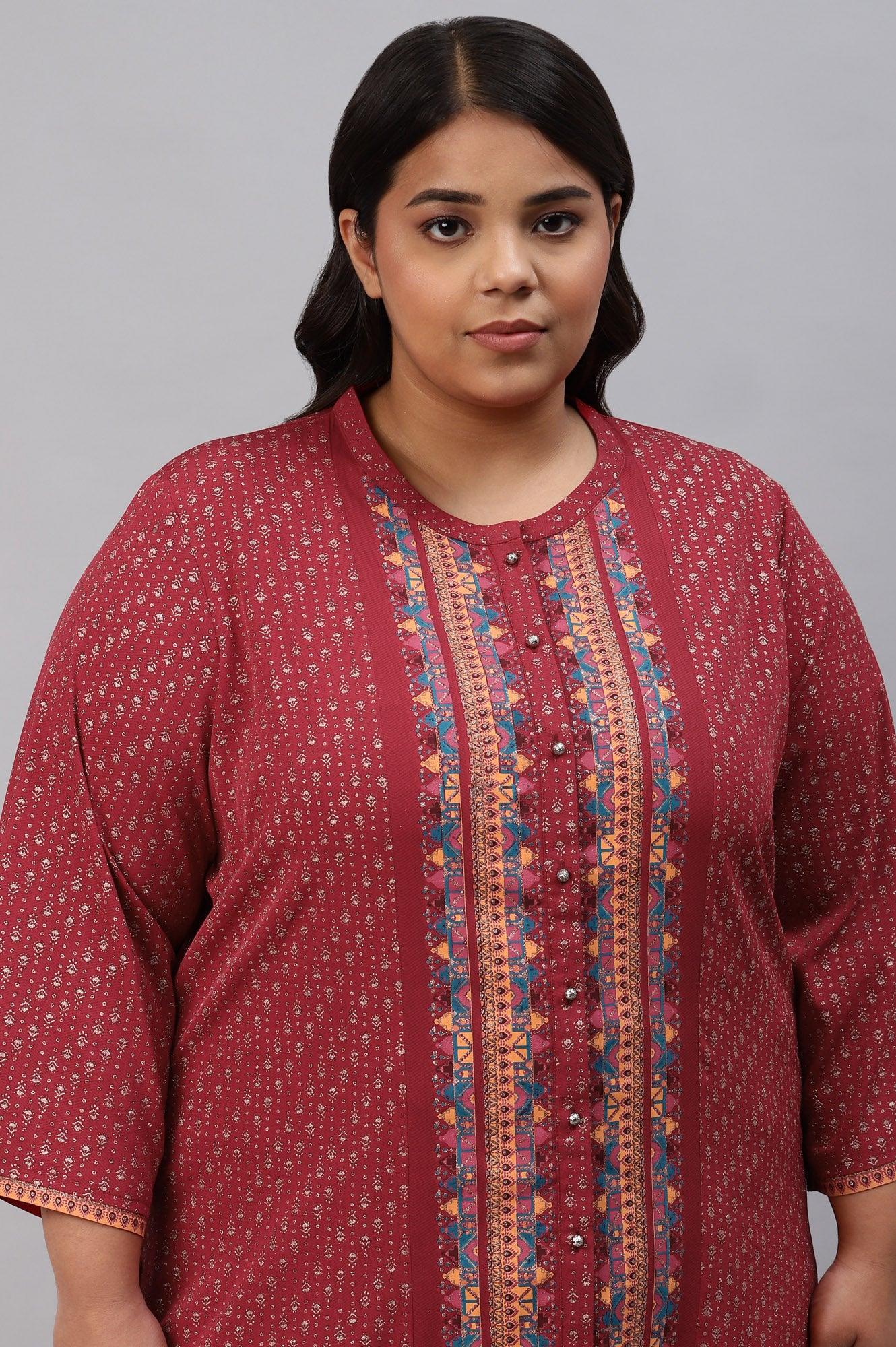 Red Placement Print Festive Plus Size kurta - wforwoman
