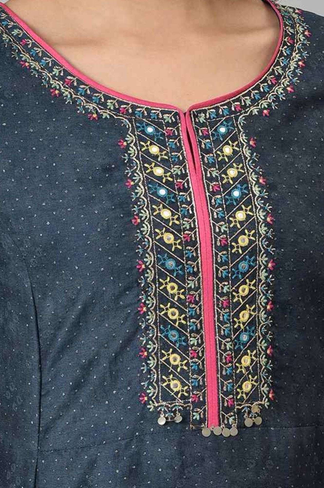 Blue Glitter Printed Embroidered Shantung A-line Kurta