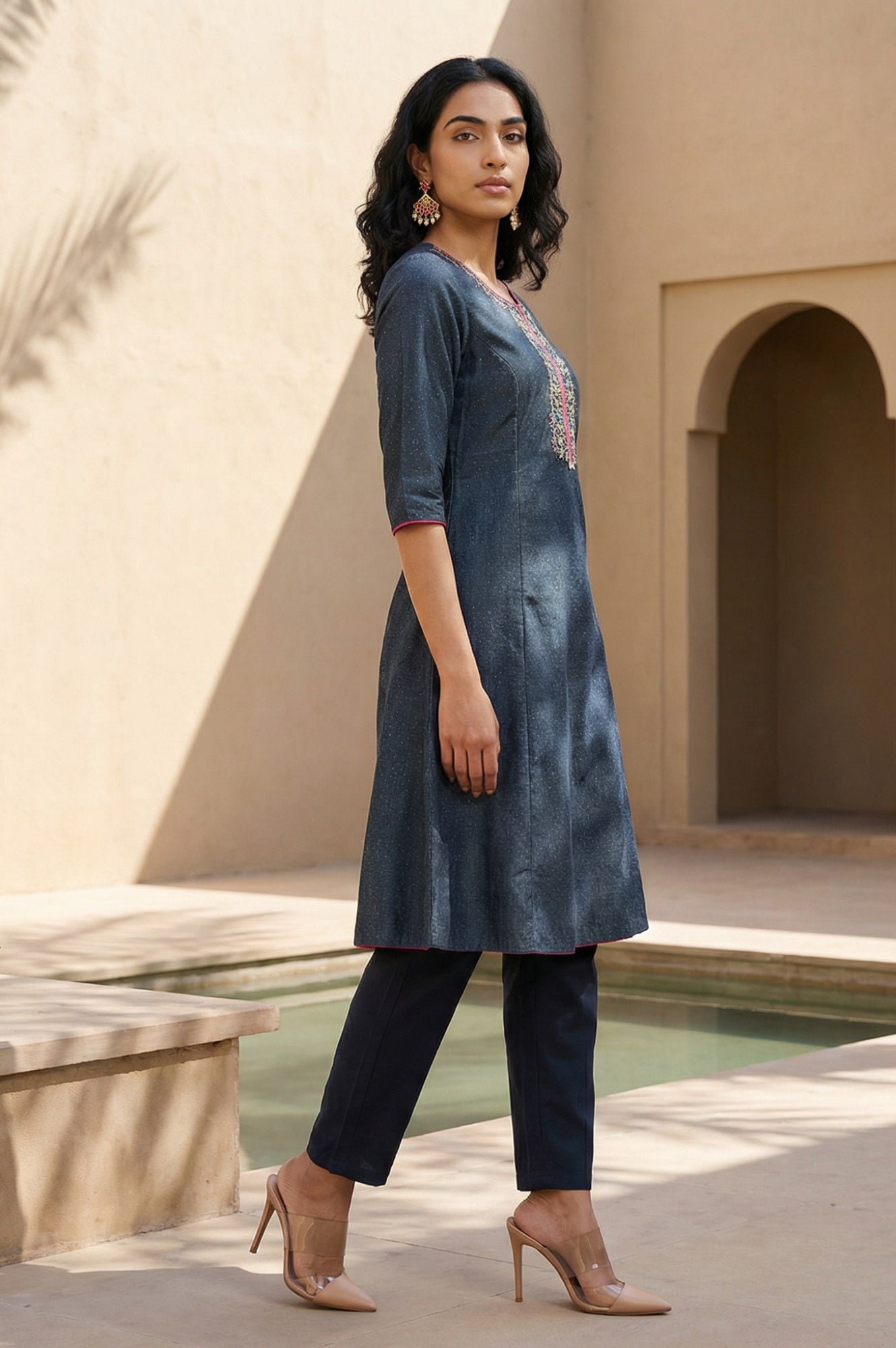Blue Glitter Printed Embroidered Shantung A-line Kurta