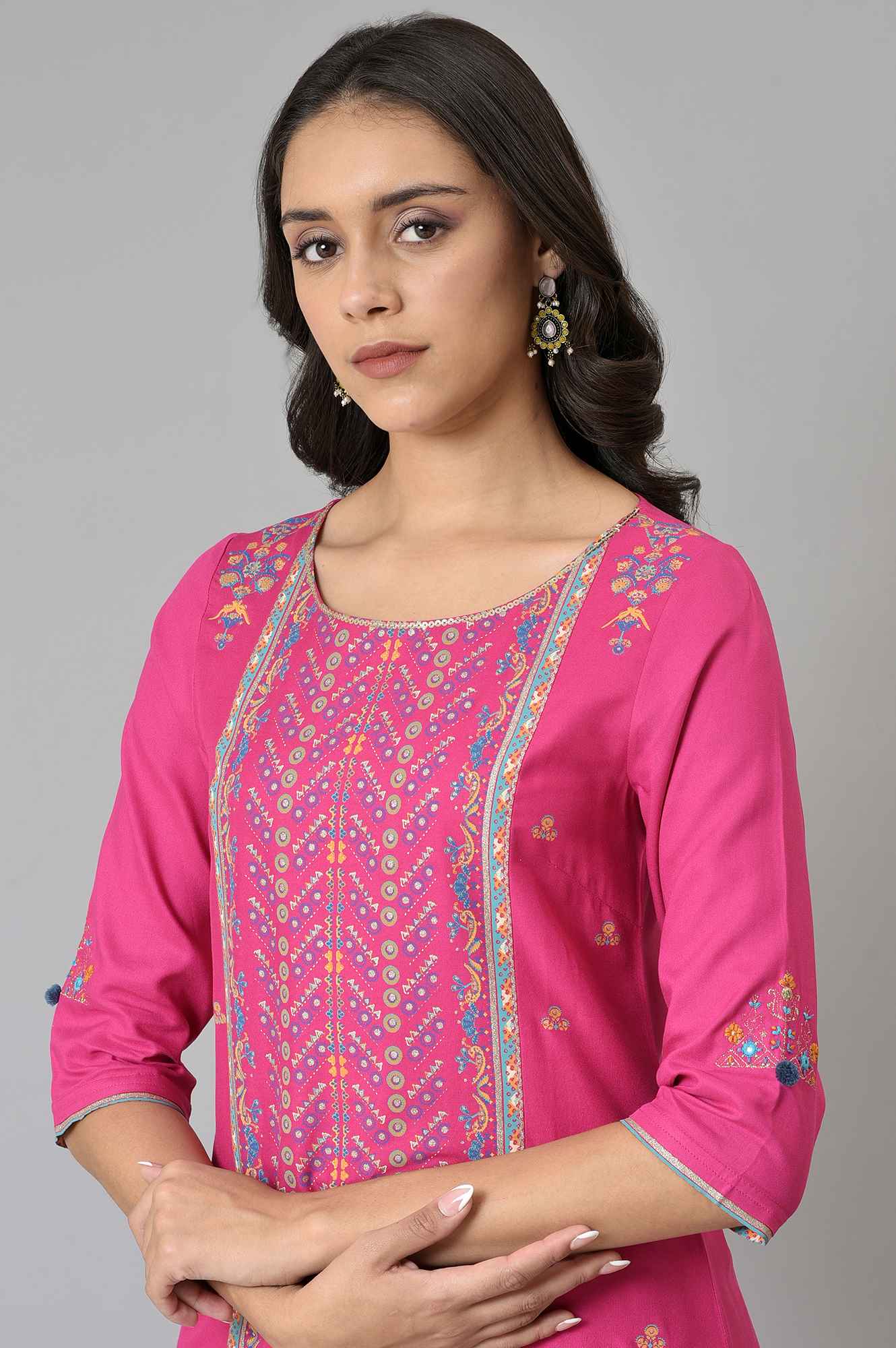 Pink Floral Printed Rayon Straight Kurta with Slim Pant Set