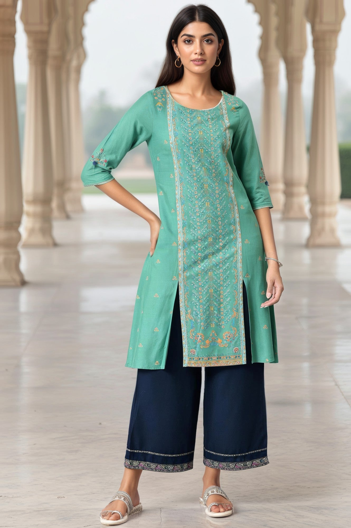 Green Placement Print Festive kurta