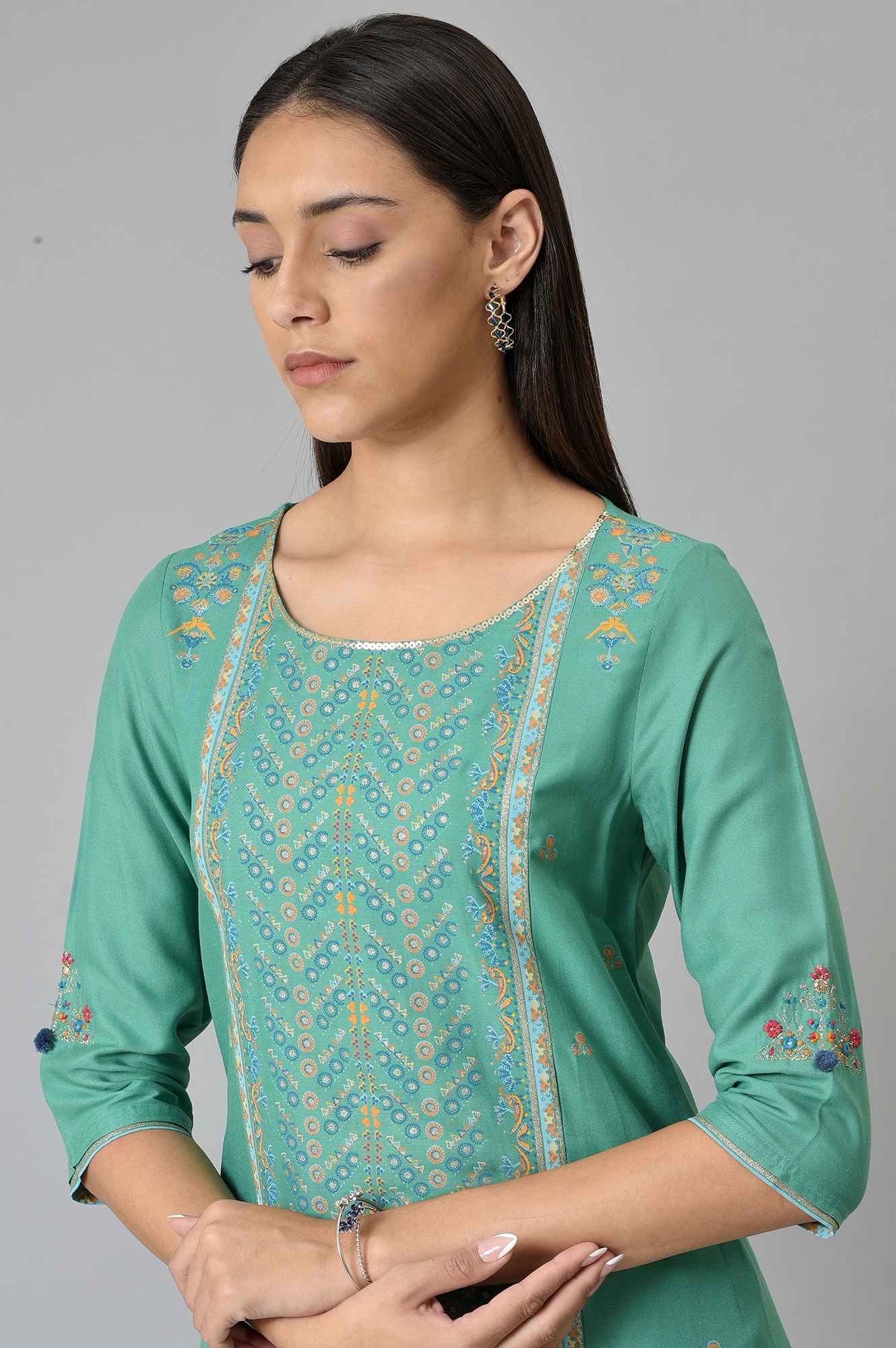 Green Metallic Embroidery Straight Kurta and Slim Pant Set