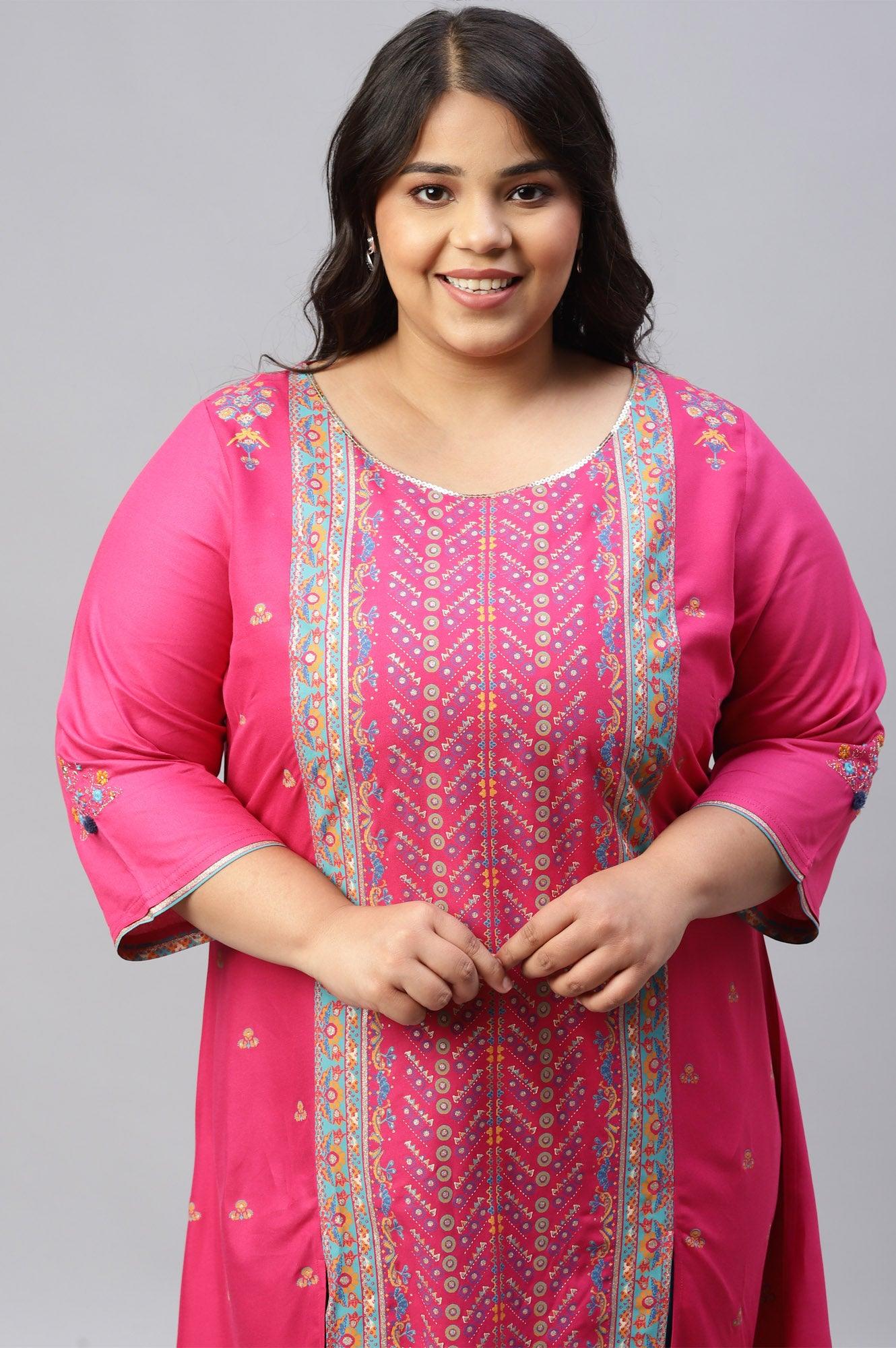 Pink Placement Printed Festive Plus Size kurta - wforwoman