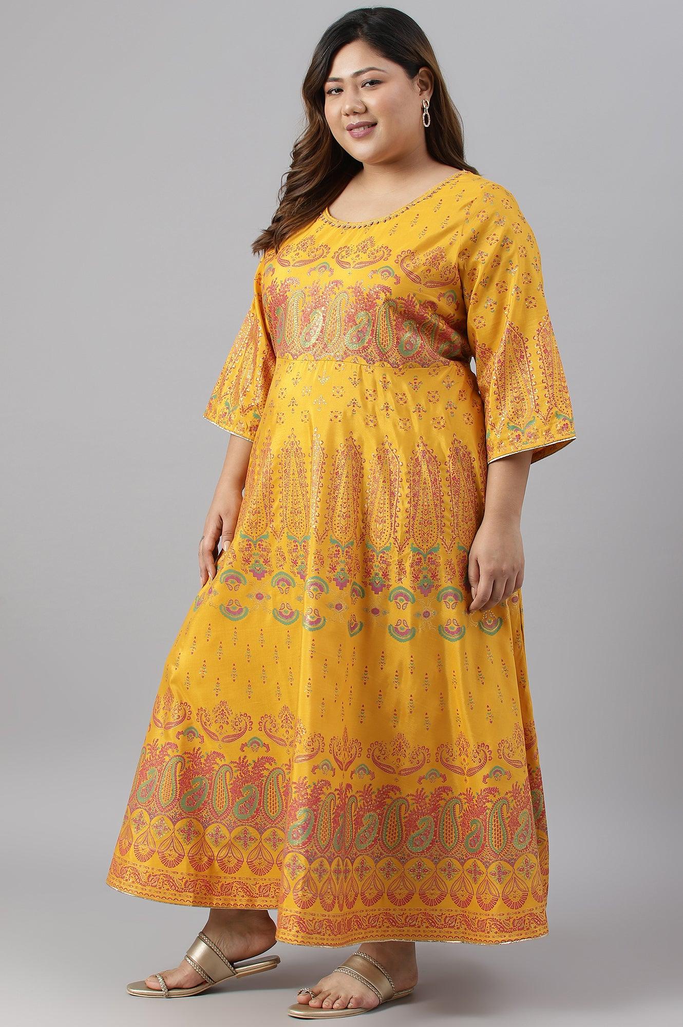 Plus Size Murtard Indie Dress With Embellished Neckline - wforwoman