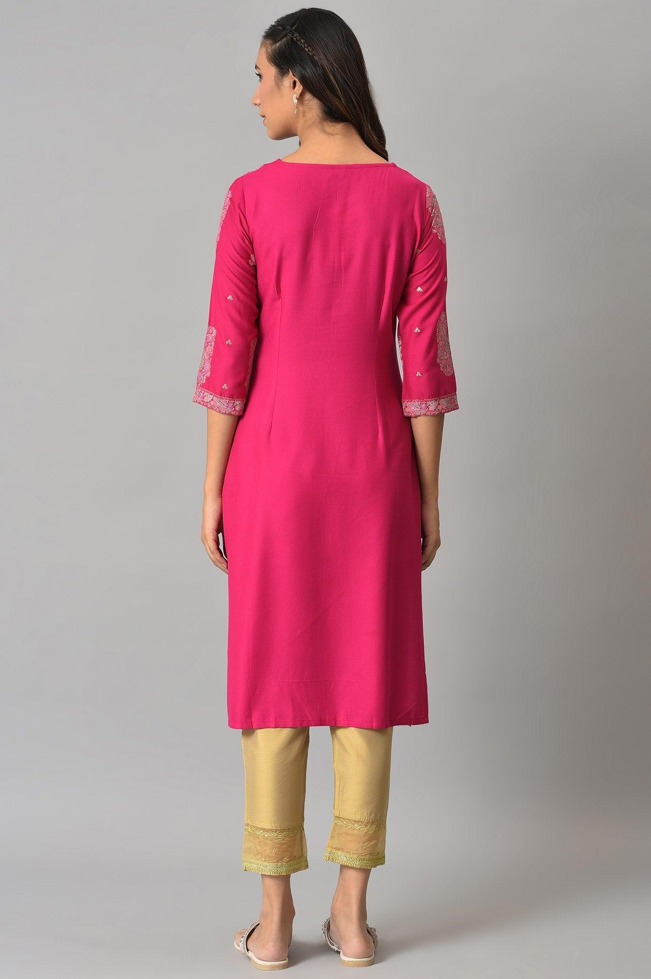 Dark Pink Mock Layered Beadwork Kurta - wforwoman