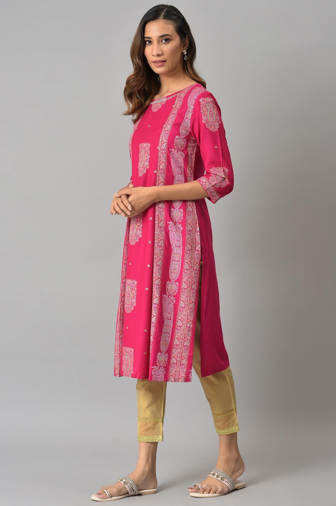 Dark Pink Mock Layered Beadwork kurta - wforwoman