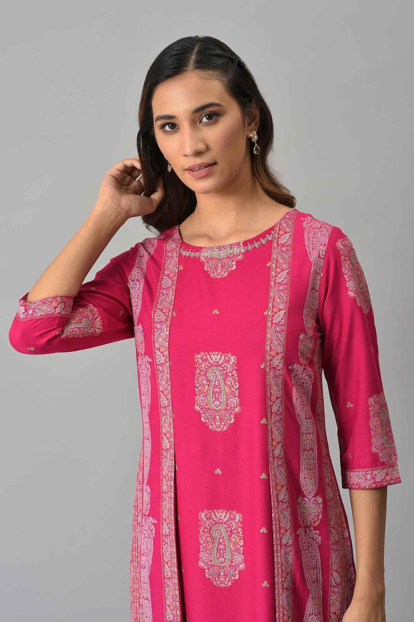 Dark Pink Mock Layered Beadwork Kurta - wforwoman