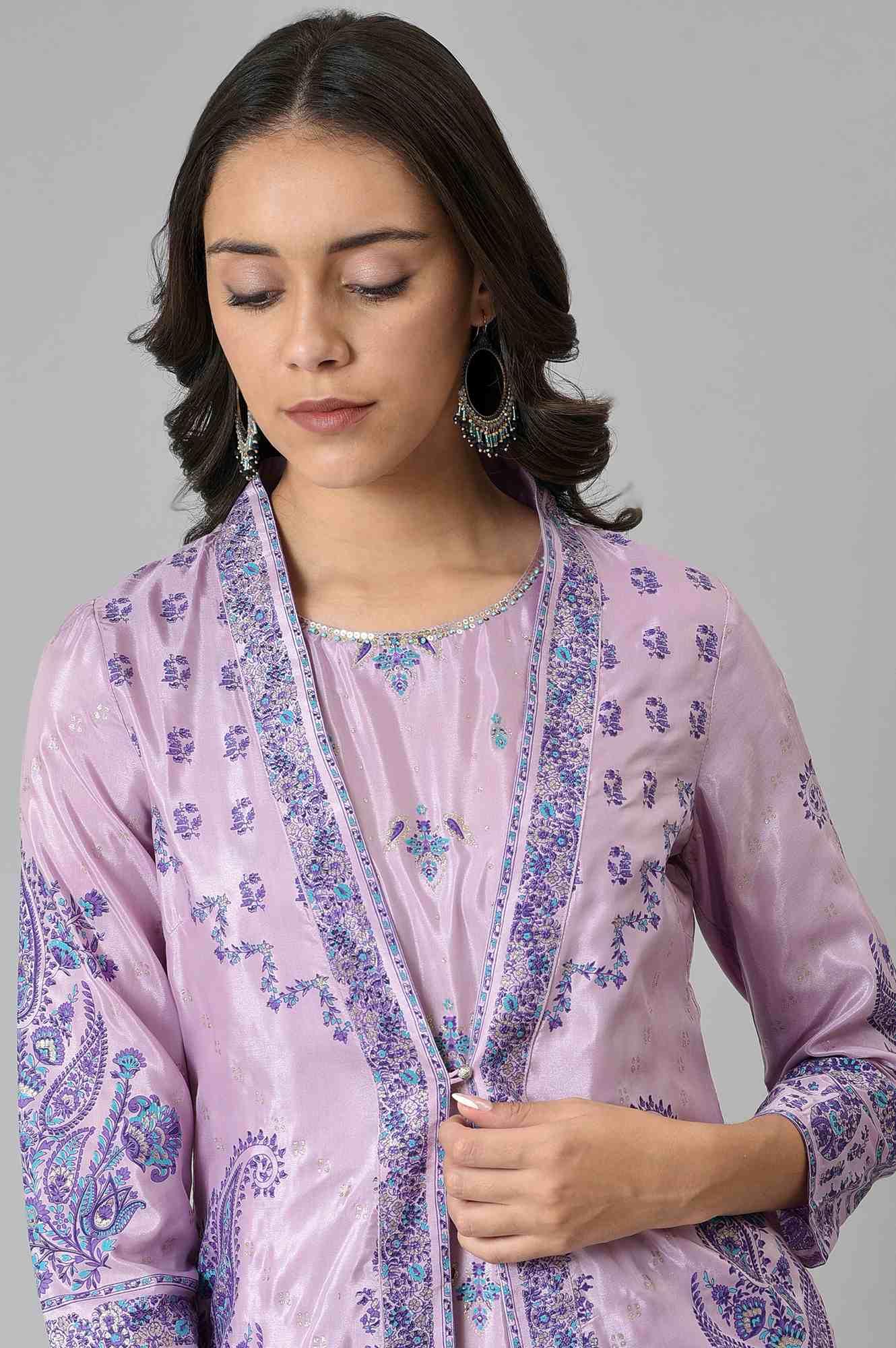 Light Purple Glitter Printed Duo Dress Set - wforwoman