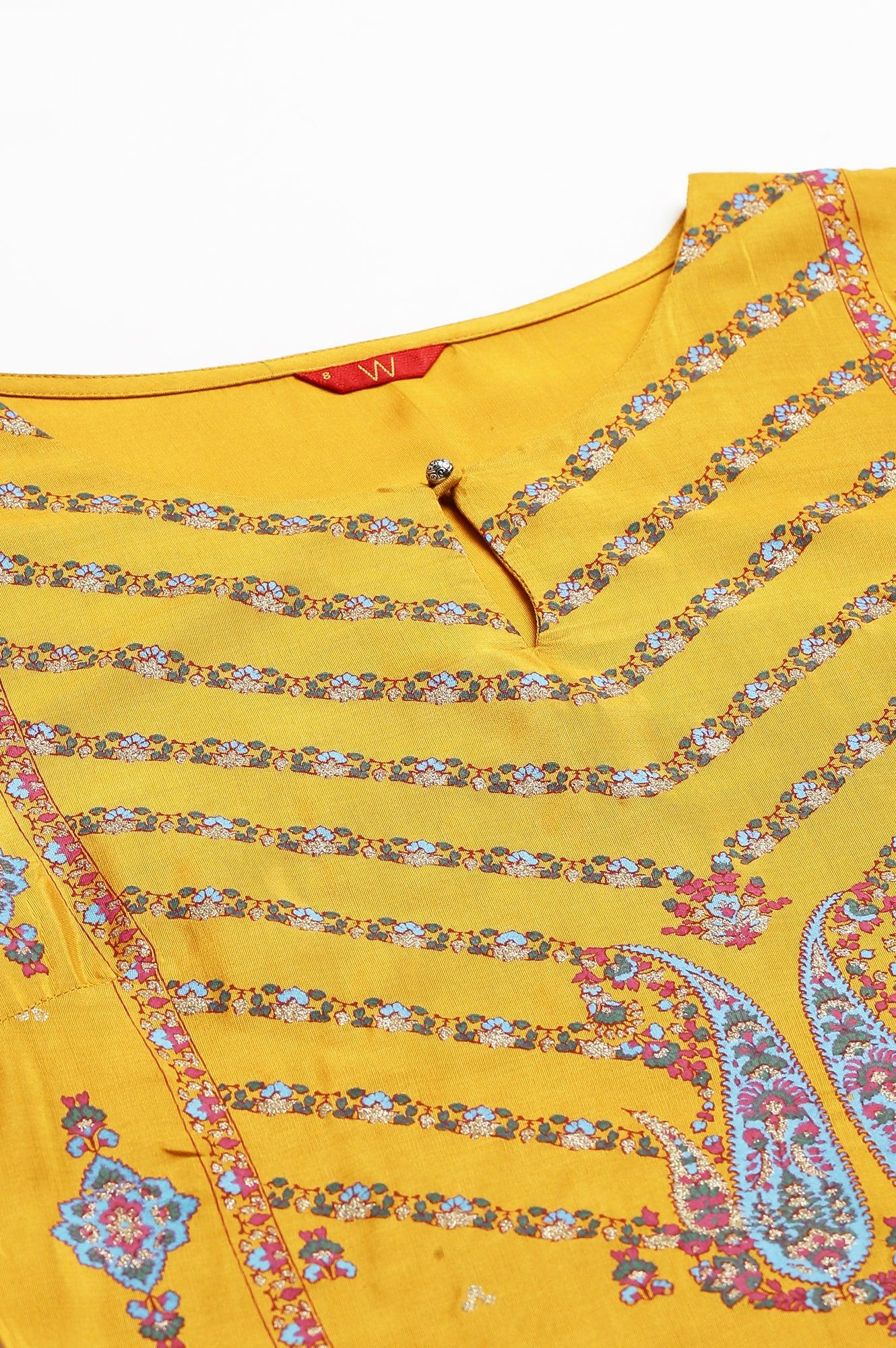 Mustard Glitter Printed Shantung kurta - wforwoman