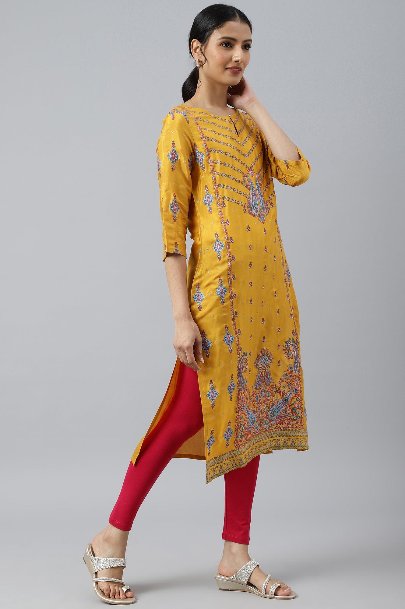 Mustard Glitter Printed Shantung kurta - wforwoman