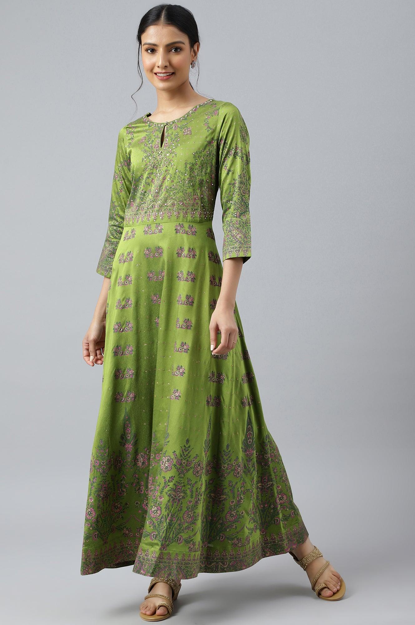 Green Floral Printed Indie Dress - wforwoman