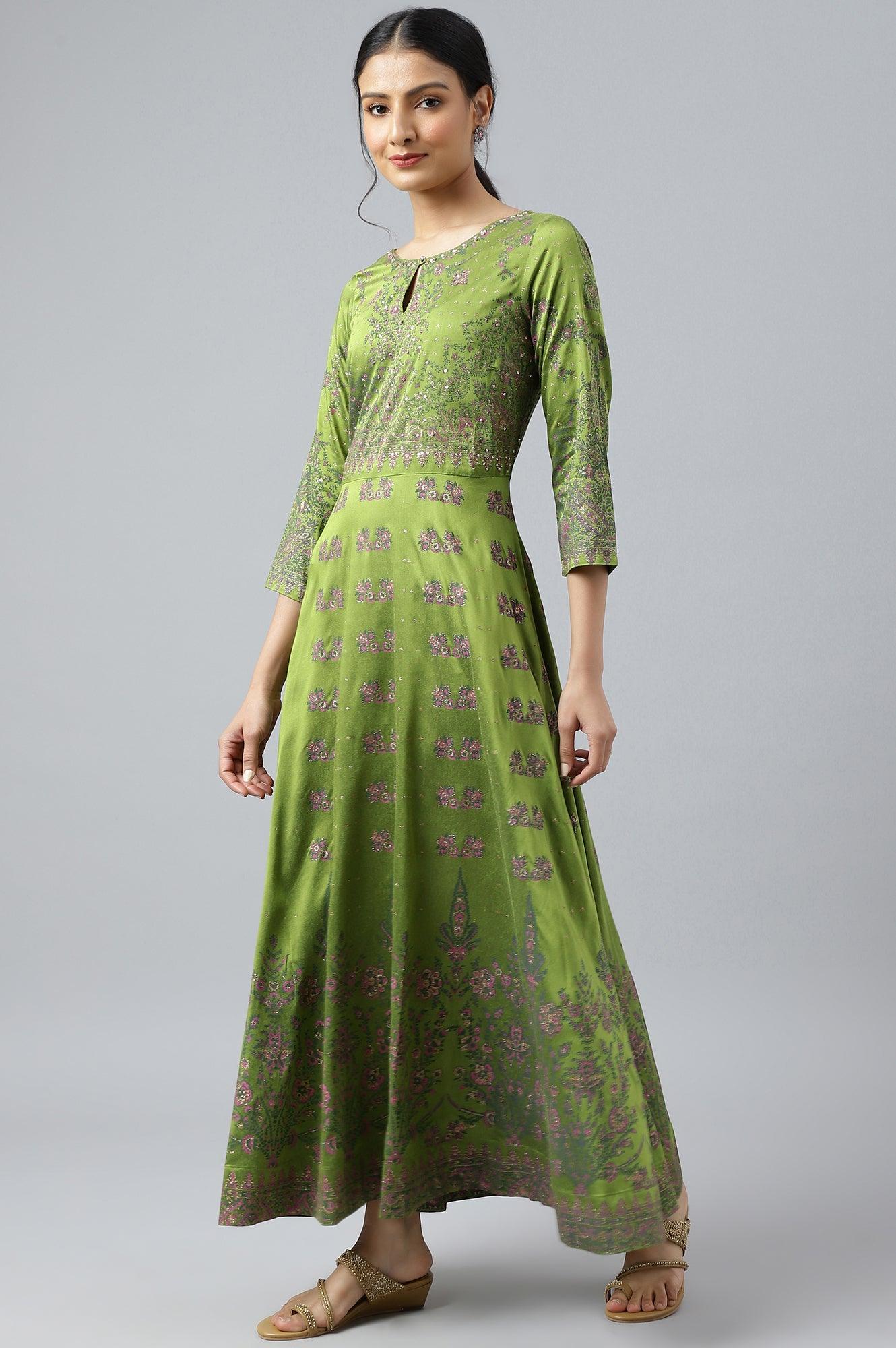 Green Floral Printed Indie Dress - wforwoman