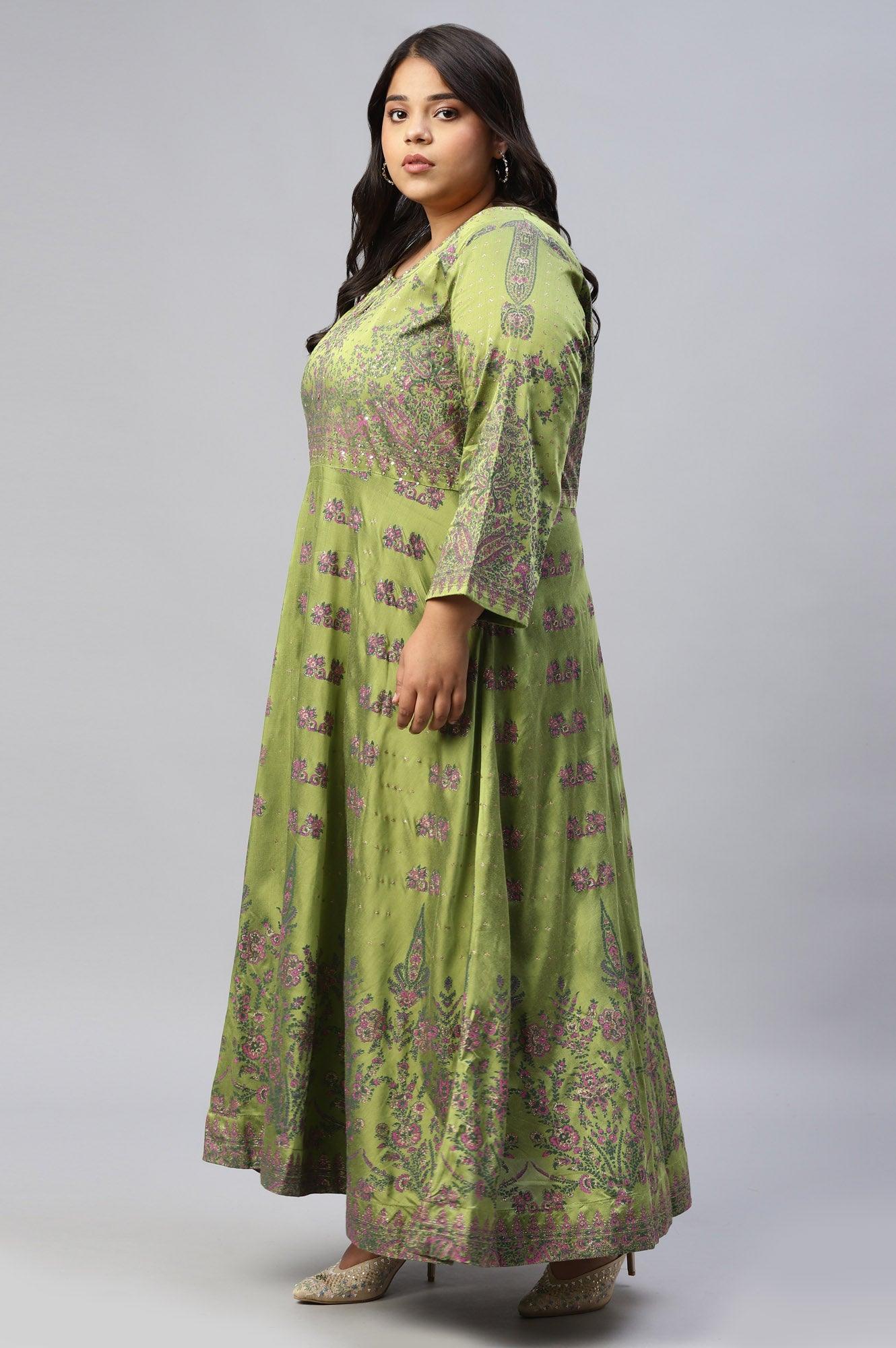 Plus Size Green Floral Printed Indie Dress - wforwoman