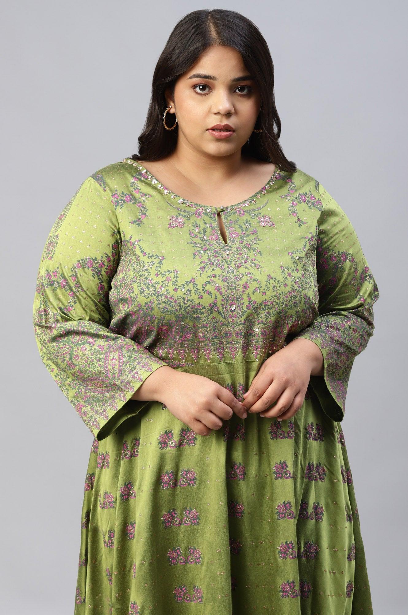 Plus Size Green Floral Printed Indie Dress - wforwoman