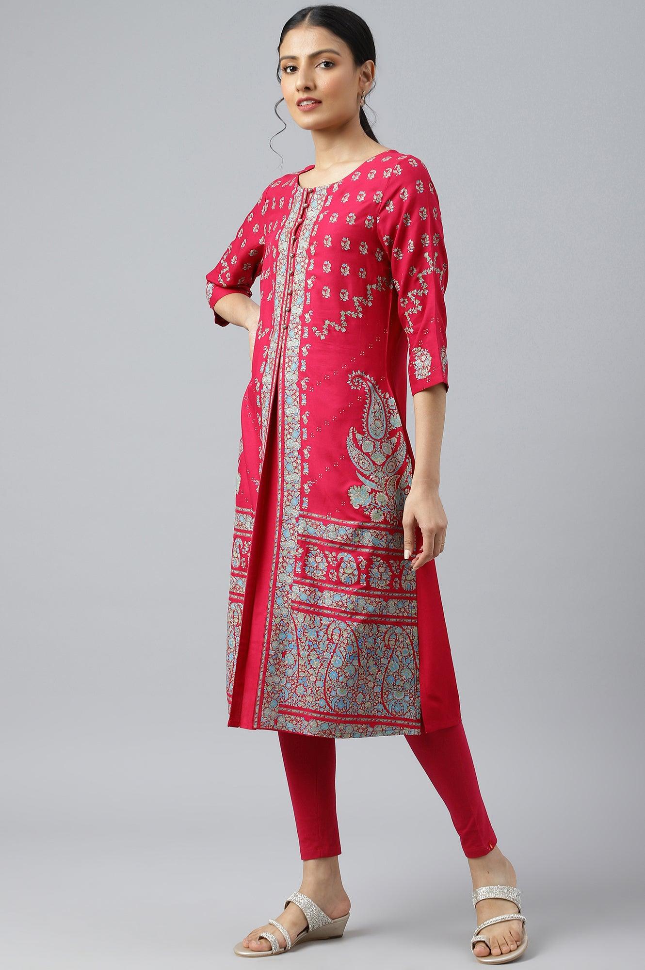 Pink Placement Print Rayon kurta - wforwoman