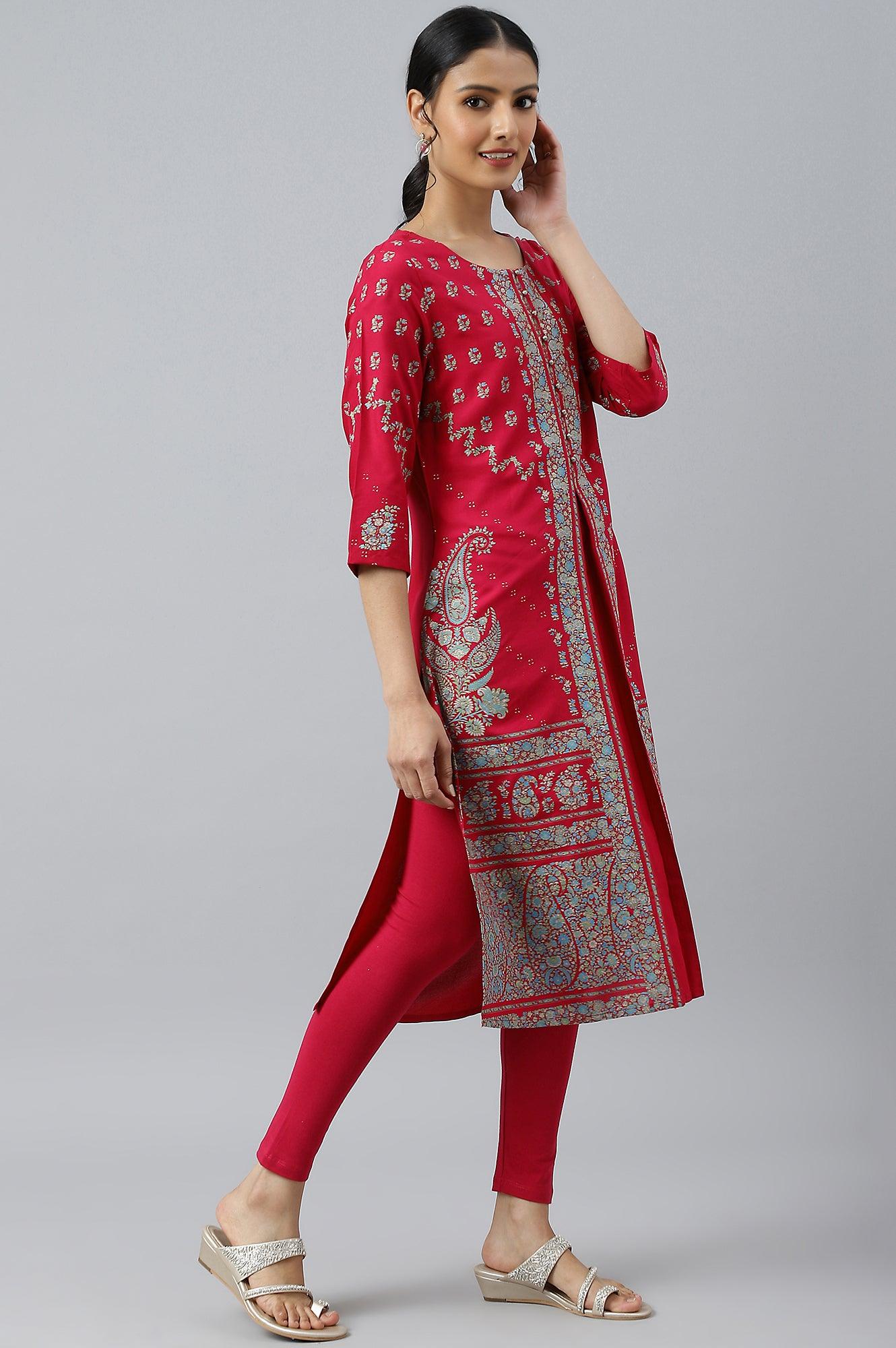 Pink Placement Print Rayon kurta - wforwoman