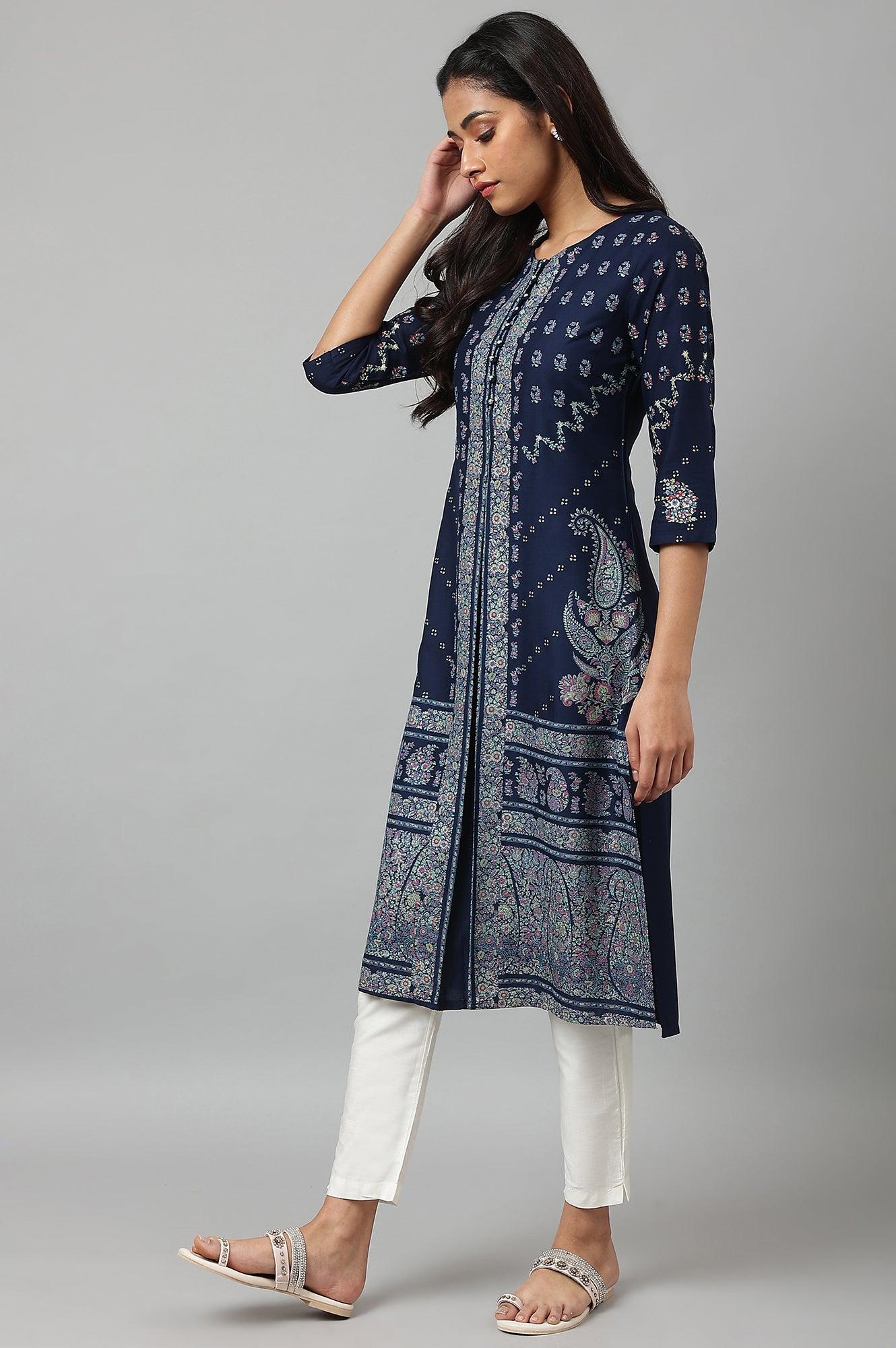 Dark Blue Placement Print Rayon kurta - wforwoman