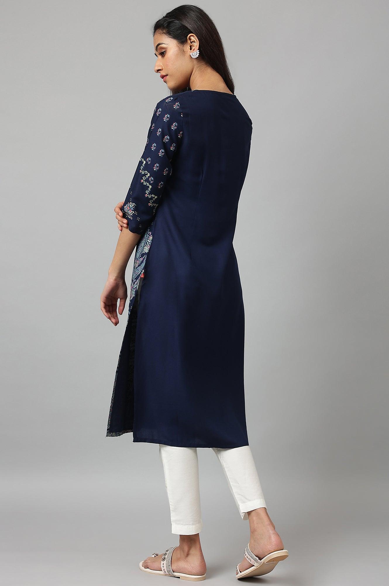 Dark Blue Placement Print Rayon kurta - wforwoman