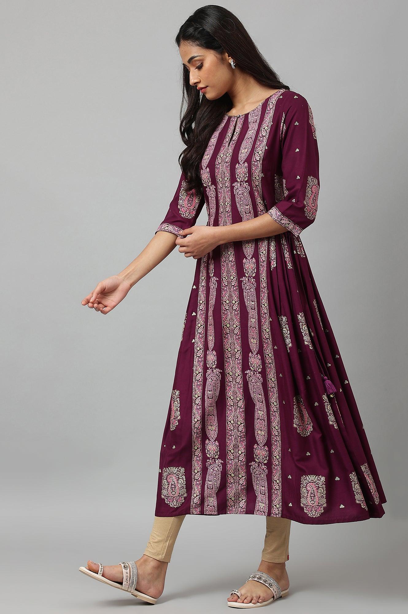 Purple Paisley Print kurta With Sequin Highlighting - wforwoman