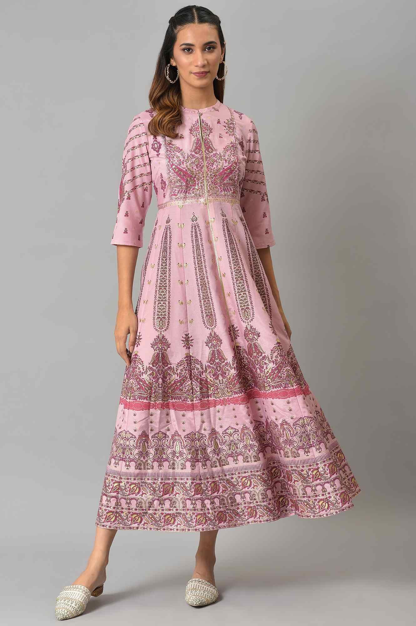 Cameo Pink Floral Printed Festive Dress - wforwoman