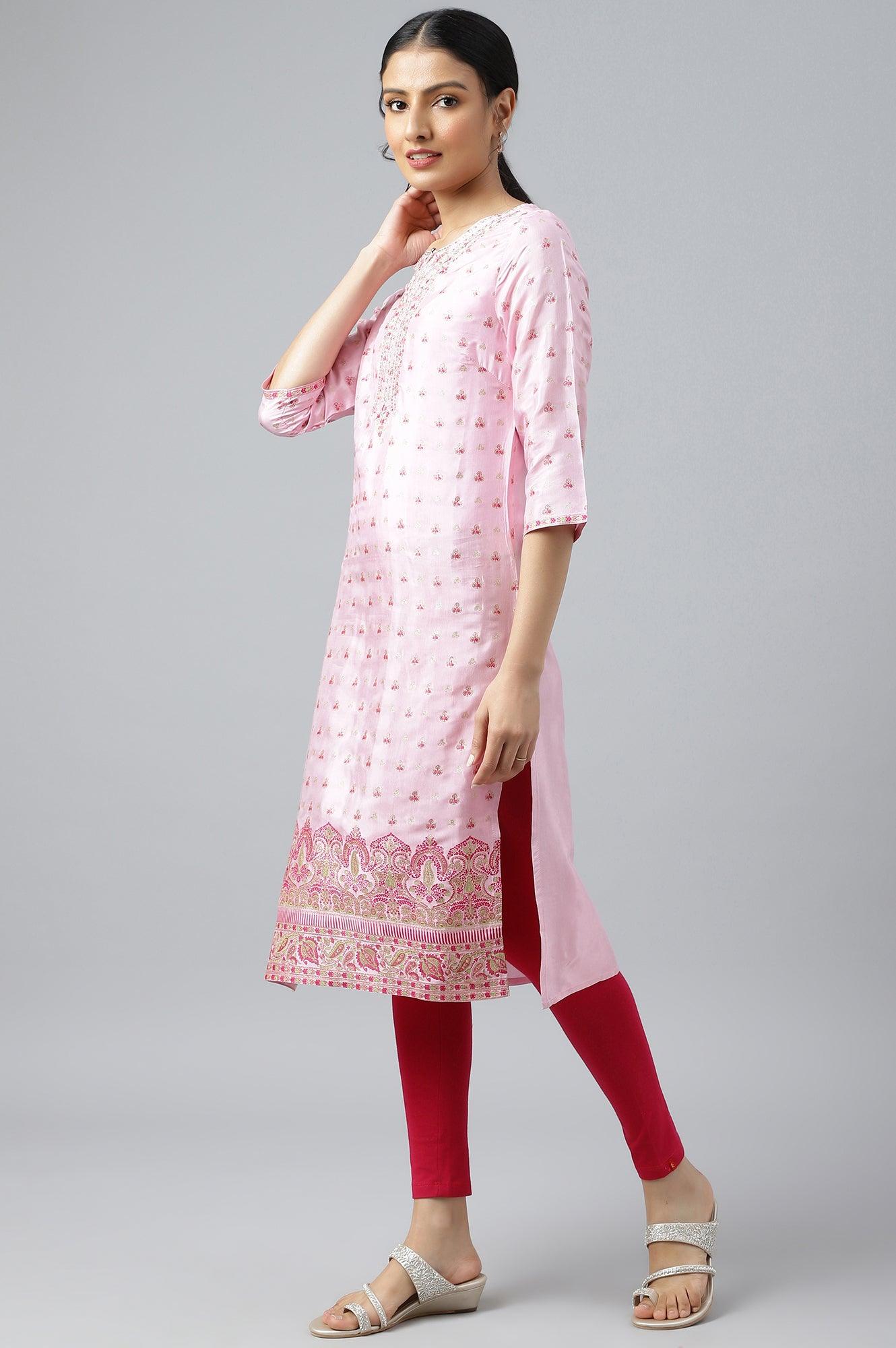 Cameo Pink Floral Printed And Embroidered kurta - wforwoman