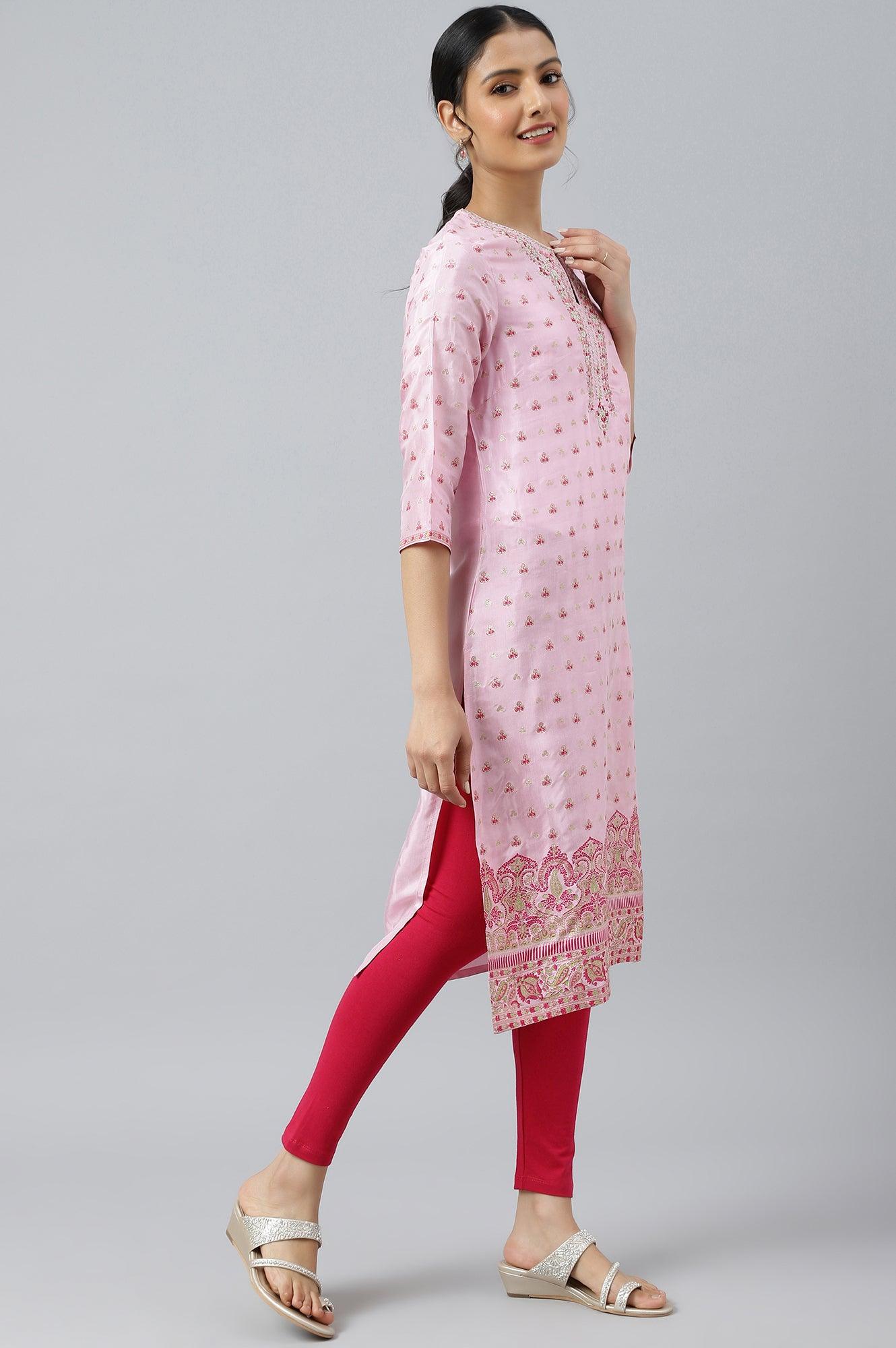 Cameo Pink Floral Printed And Embroidered kurta - wforwoman