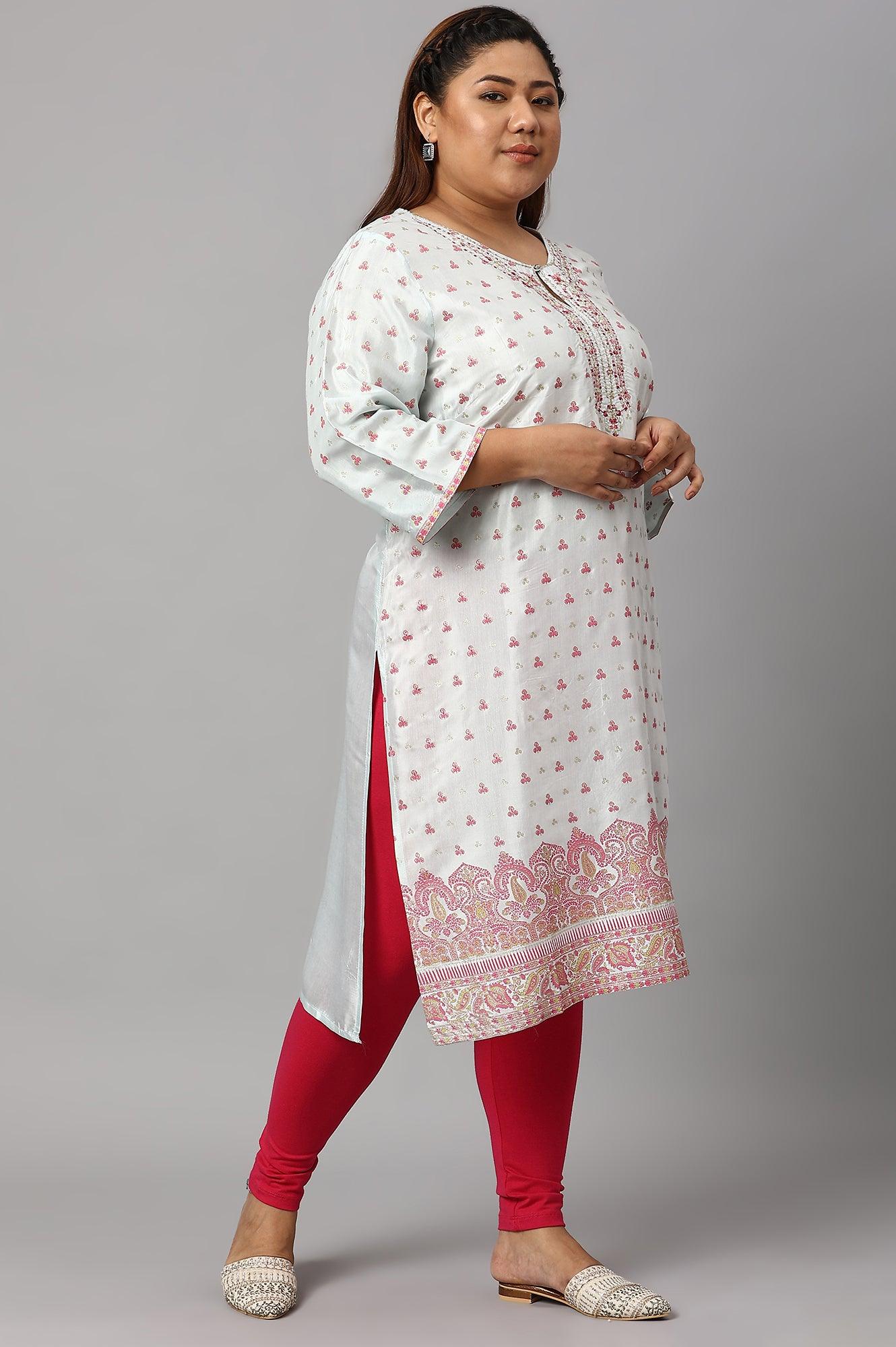 Light Blue Floral Printed Plus Size kurta With Embroidery - wforwoman