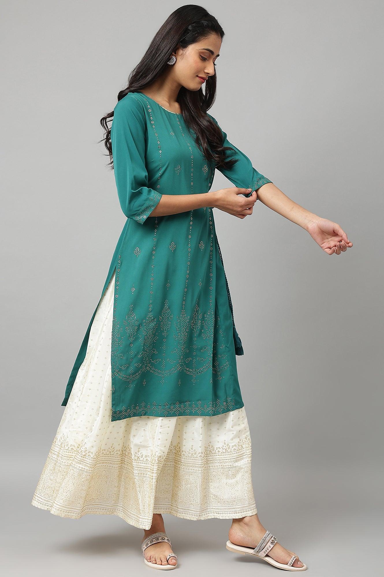 Green Mukaish Printed Layered kurta - wforwoman