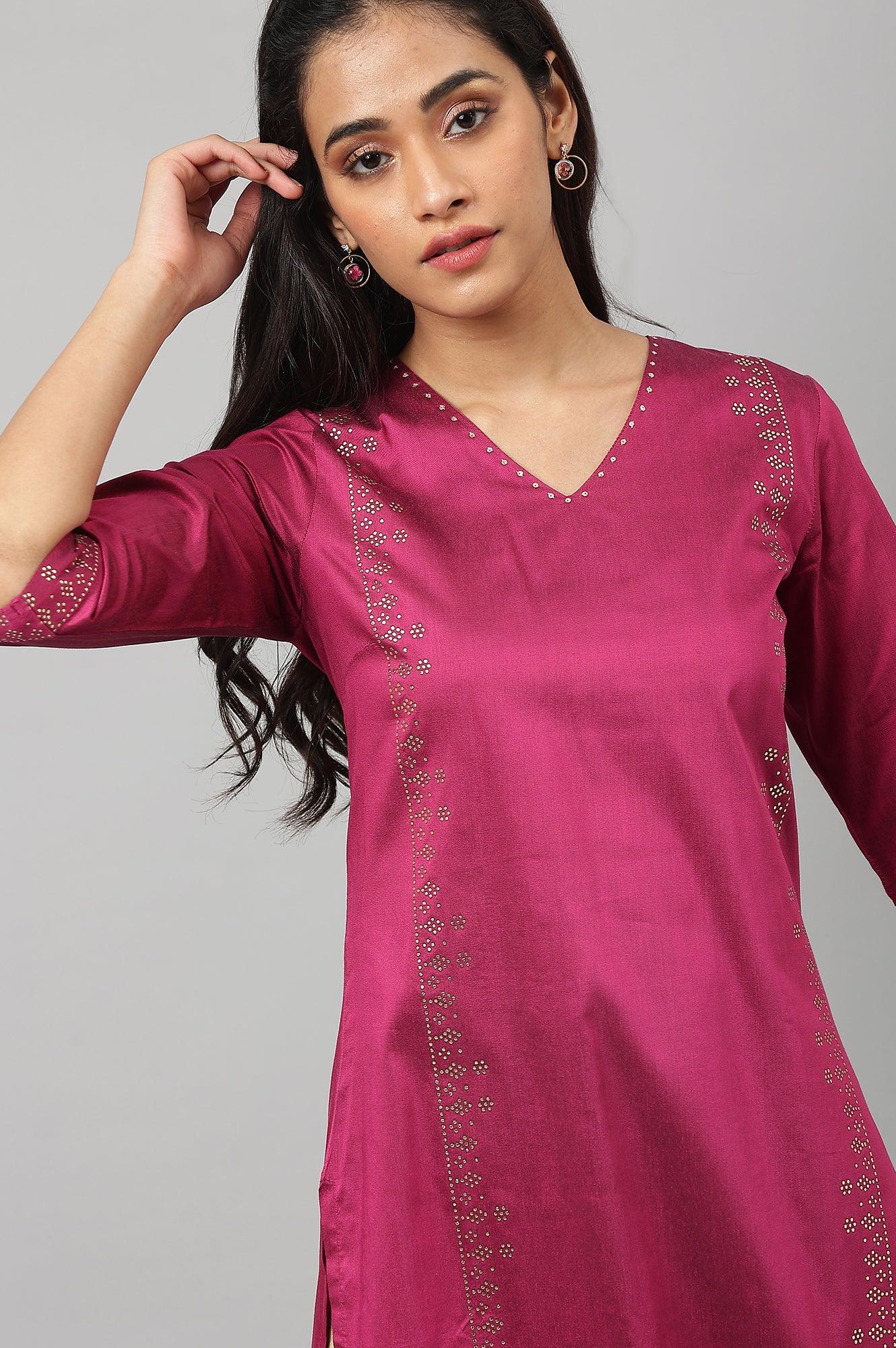 Magenta Mukaish Printed kurta With Sequins - wforwoman
